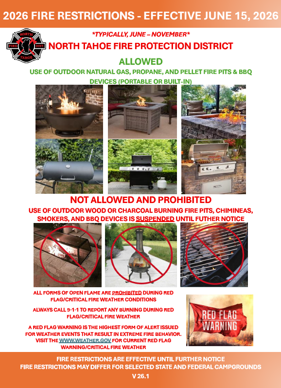Media Release: 2026 North Tahoe Fire Protection District Prohibits ALL Open Burning and Recreational Fires