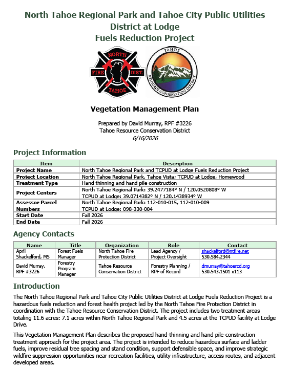 Request for Proposal - North Tahoe Regional Park &amp; TCPUD at Lodge Fuels Reduction Project