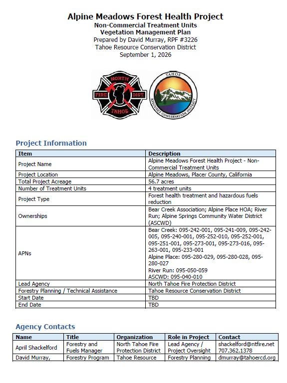 Request for Proposal - Public Notice Inviting Bids Alpine Meadows Non-Commercial Fuel Reduction Project
