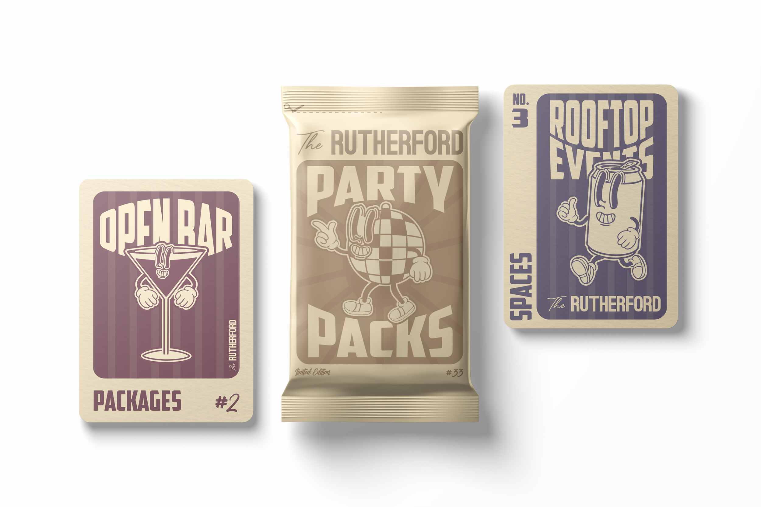 Three playing cards with retro illustrated designs and text, featuring a martini glass, a dancing globe character, and a coffee mug character, each with unique titles and numbering.