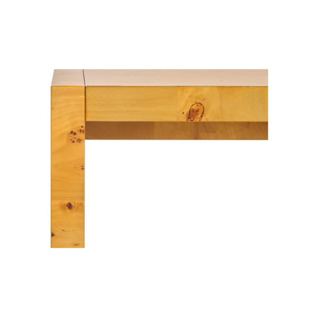 close-up detail view of the corner showing the wood grain in a Minimal Profile Coffee Table with Clean Lines Made of Burl Wood