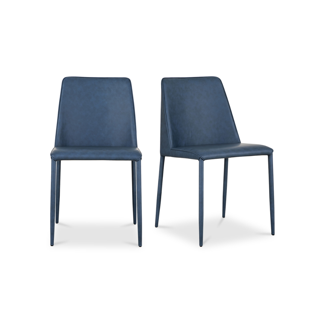 Angled view of Set of two dining chairs with single color block, made with an iron frame and grey vegan leather