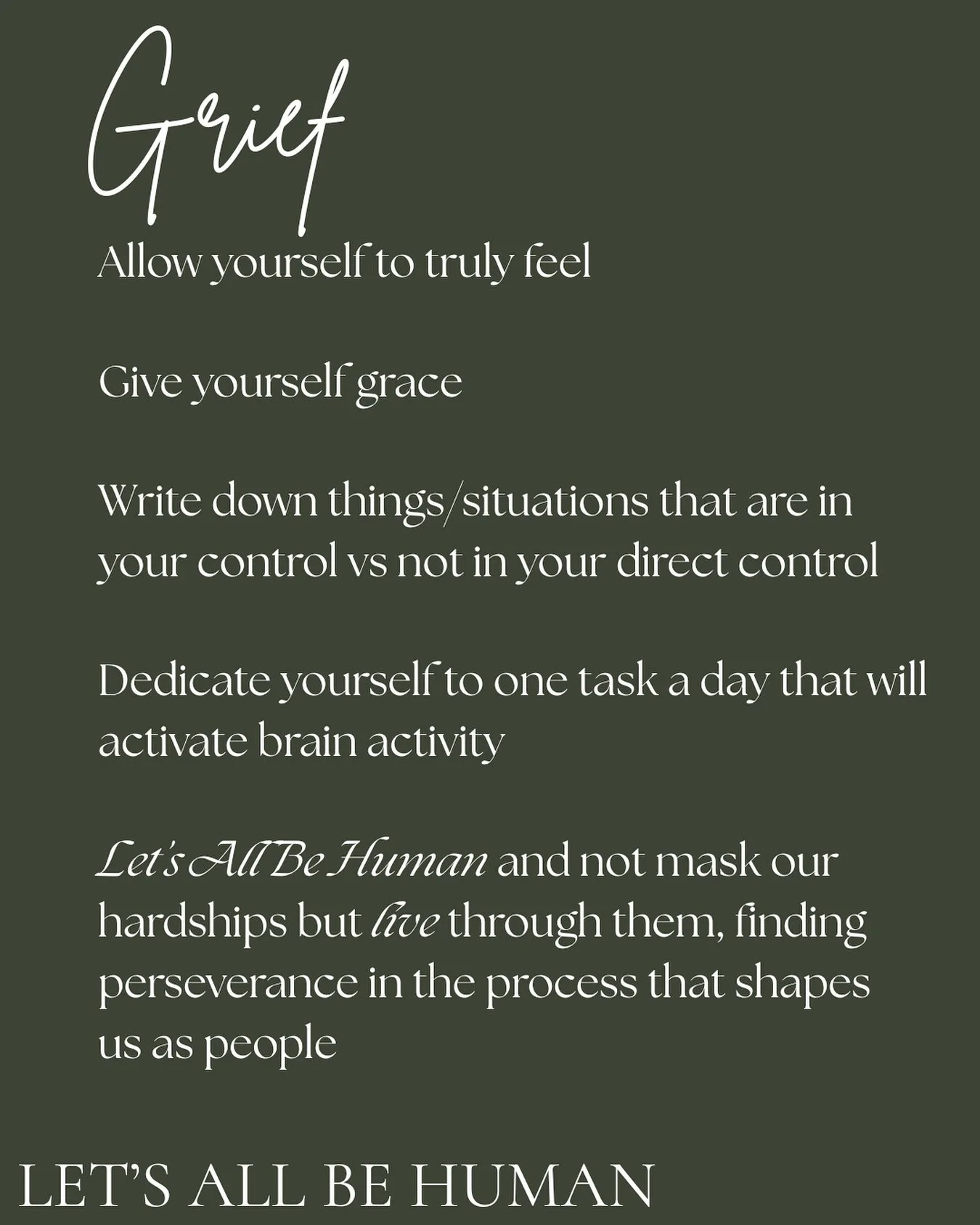 Grief is unbearable. The ache lingers. Give yourself grace. It is okay to just be, as you are, today🤍 

If you need extra support today or any day, take a look at some supportive resources at letsallbehuman.com