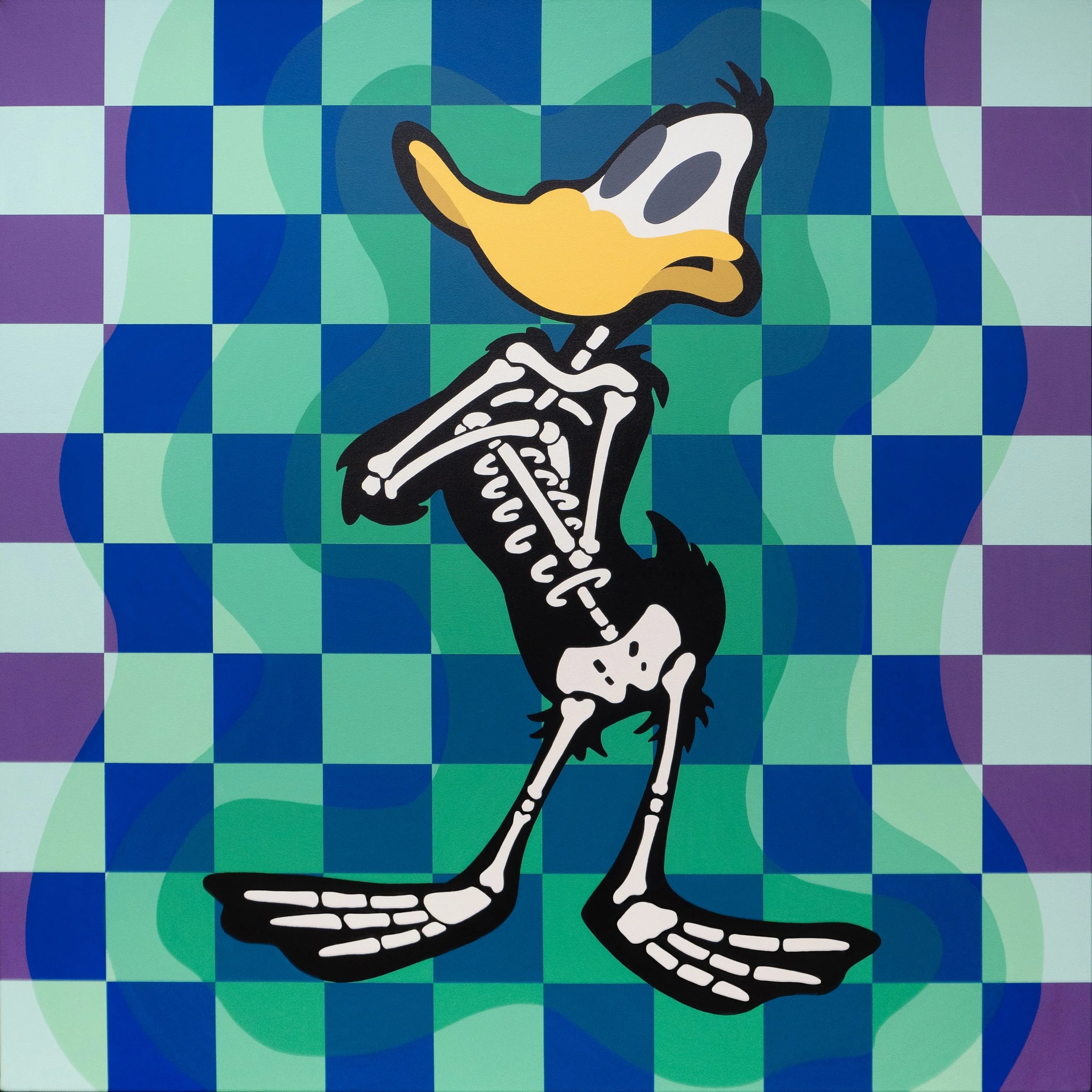 With Zany Duck I aim to reinterprate the exaggerated personality and iconic stance of Daffy Duck. Set against a bold, high-contrast color combination, the painting pairs expressive character form with the collection’s signature block-like textures an