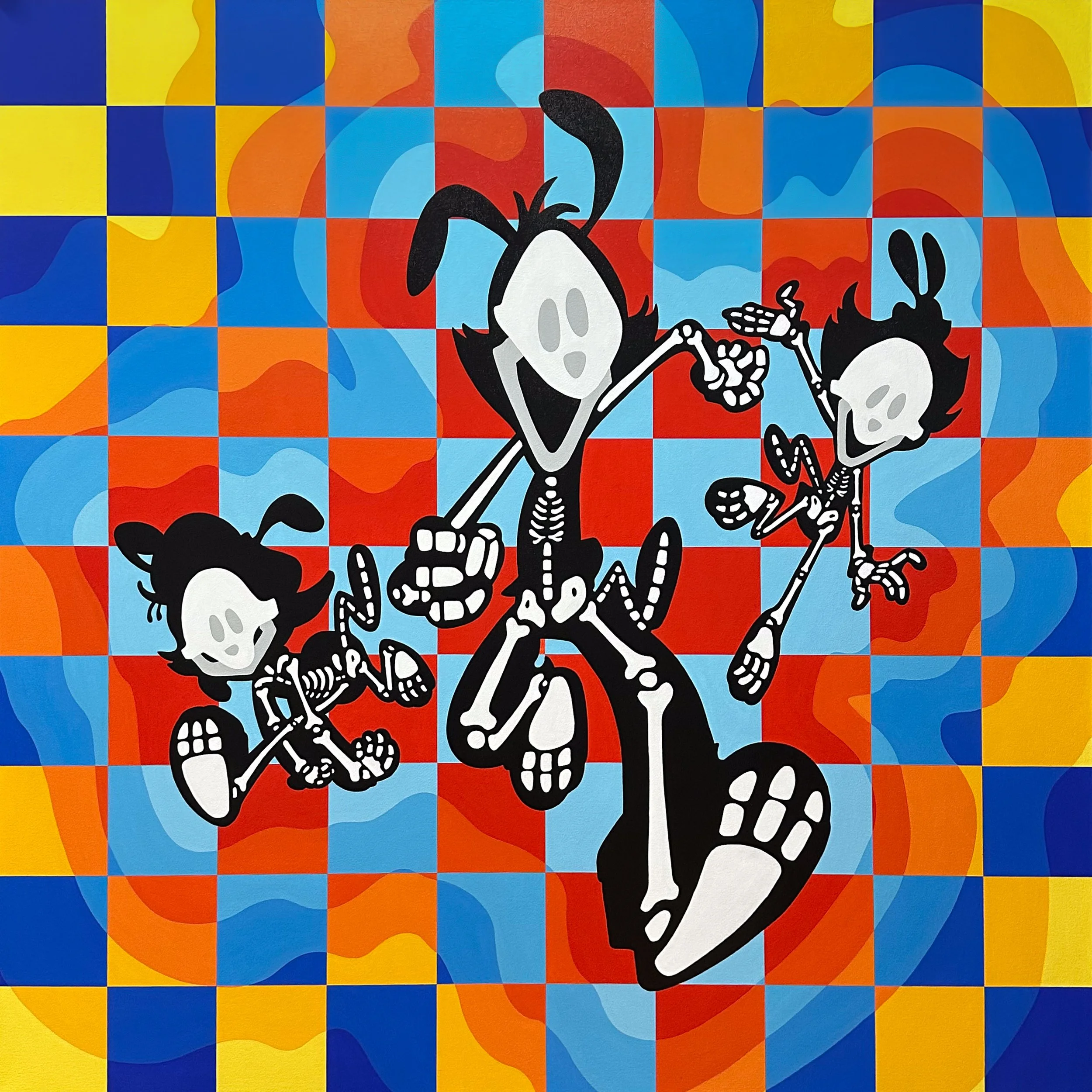 Animaney N' Insaney is iInspired by the chaotic humor of Animaniacs, the painting uses vivid technicolor hues and the collection’s iconic block-like textures and checkered background as a visual stamp. Familiar forms are deconstructed and rebuilt wit