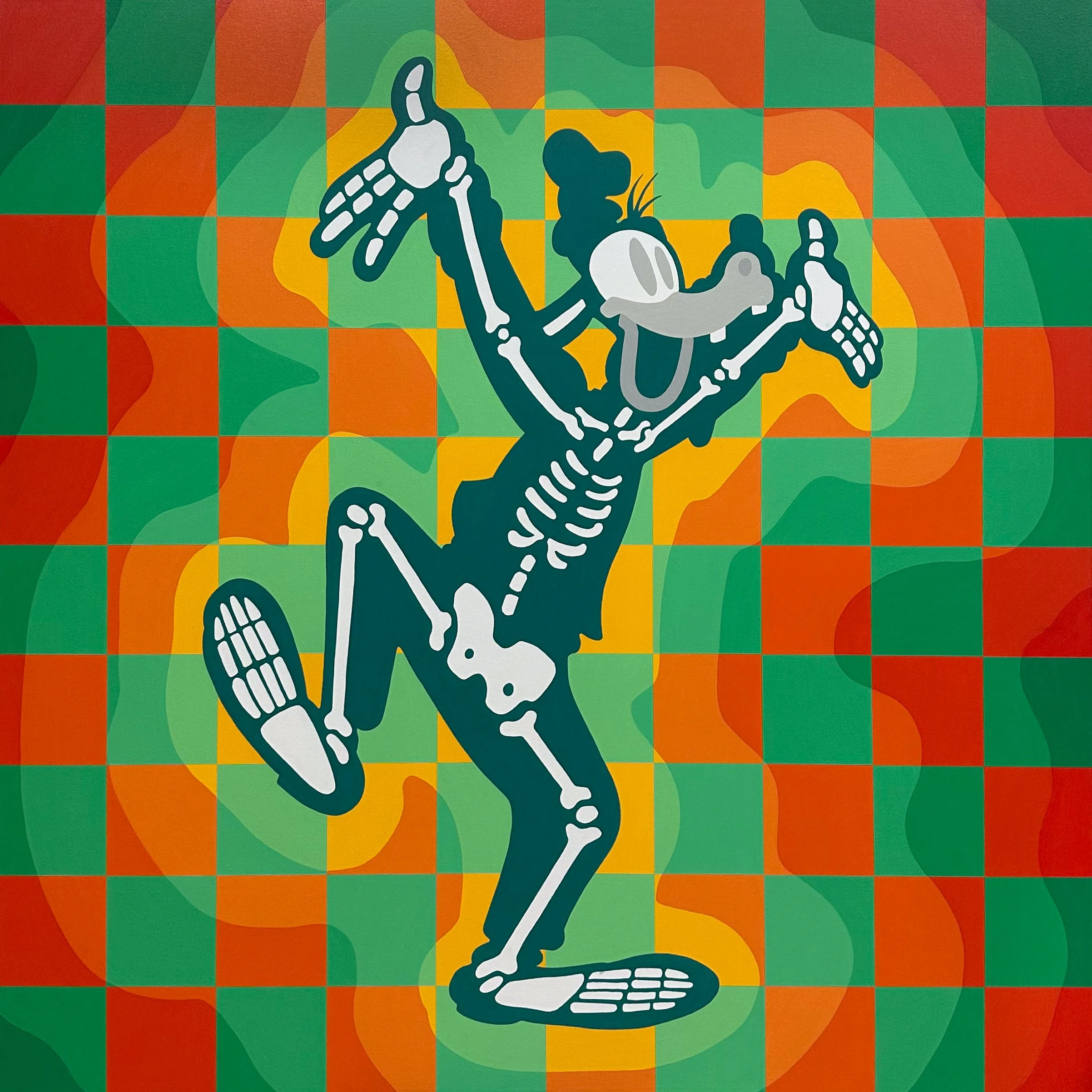 Silly is inspired by the unmistakable charm and off-balance pose of Goofy, the painting captures movement, humor, and warmth through layered acrylic shapes. The collection’s signature block-like textures and checkered background appear here in a pale