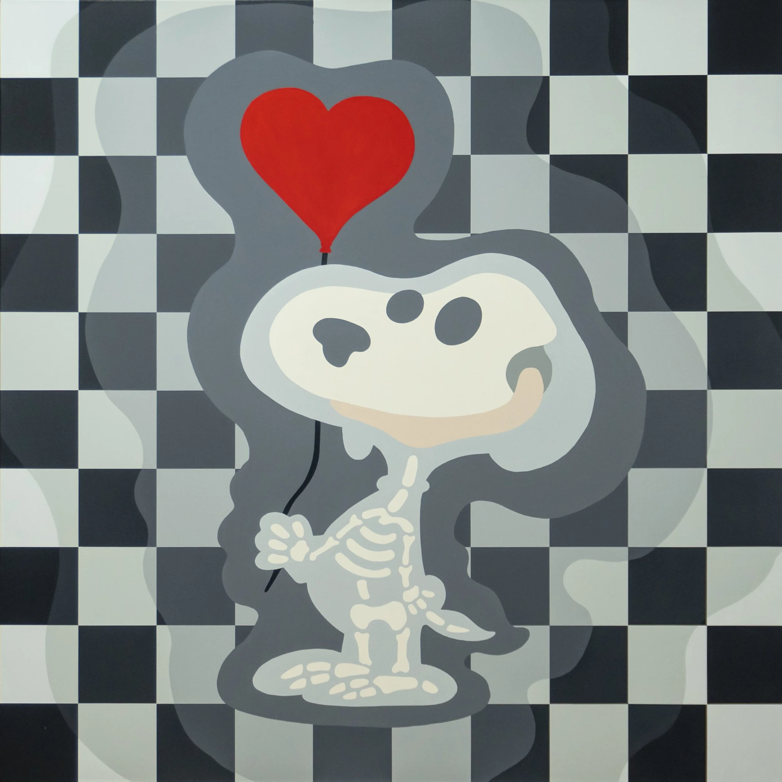 Snoopin’ for Love is part of Timeless Toons in Technicolor, reimagining the quiet tenderness of Snoopy through a restrained black-and-white palette. The iconic block-like textures and checkered background of the collection—frame the figure in a space