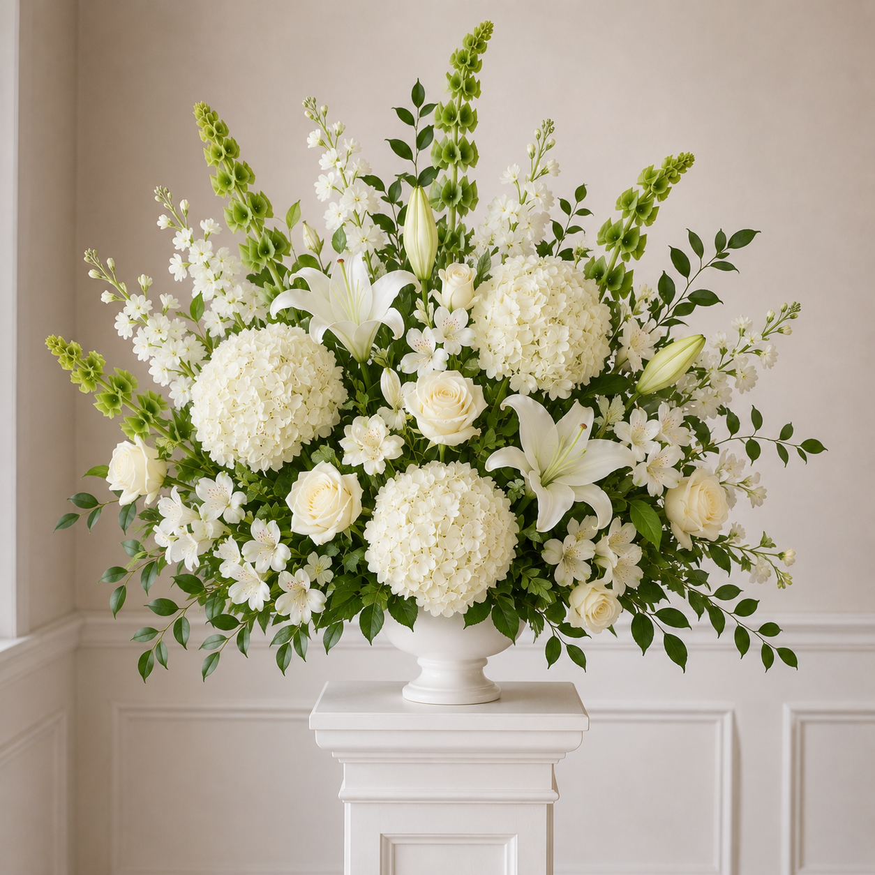 Large Arrangement on White Pedestal Display