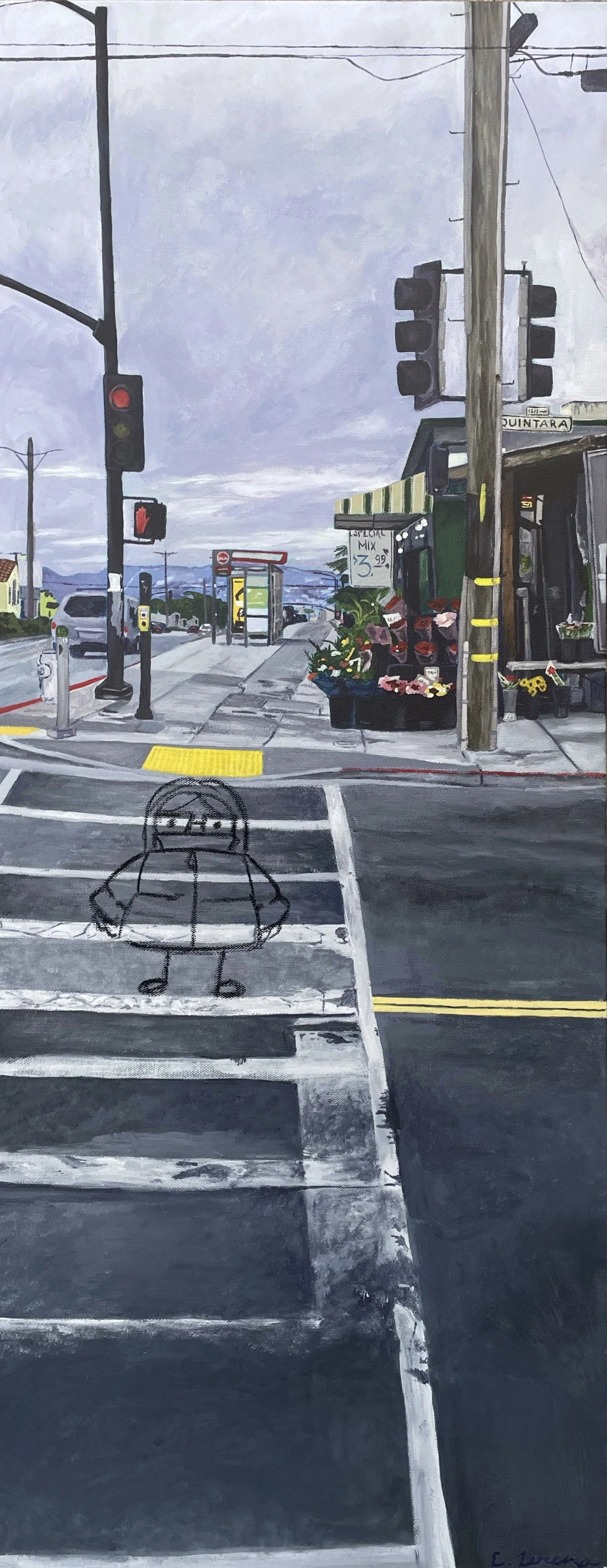 Out of Place, Acrylic paint and oil pastel on canvas, 16”x40”, 2025