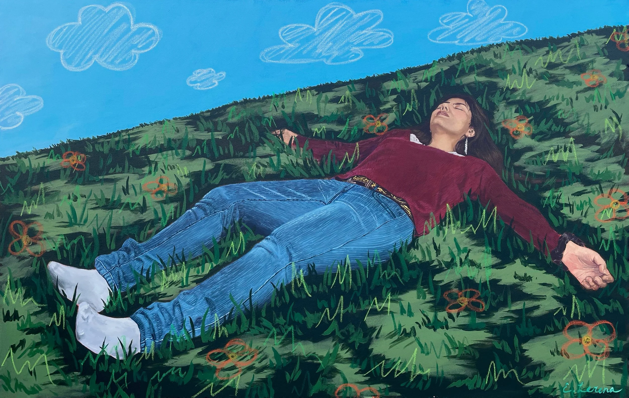 Day Dreaming, Acrylic paint and oil pastel on canvas, 30”x48”, 2025