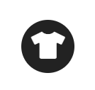 Icon of a white t-shirt on a black circle background.