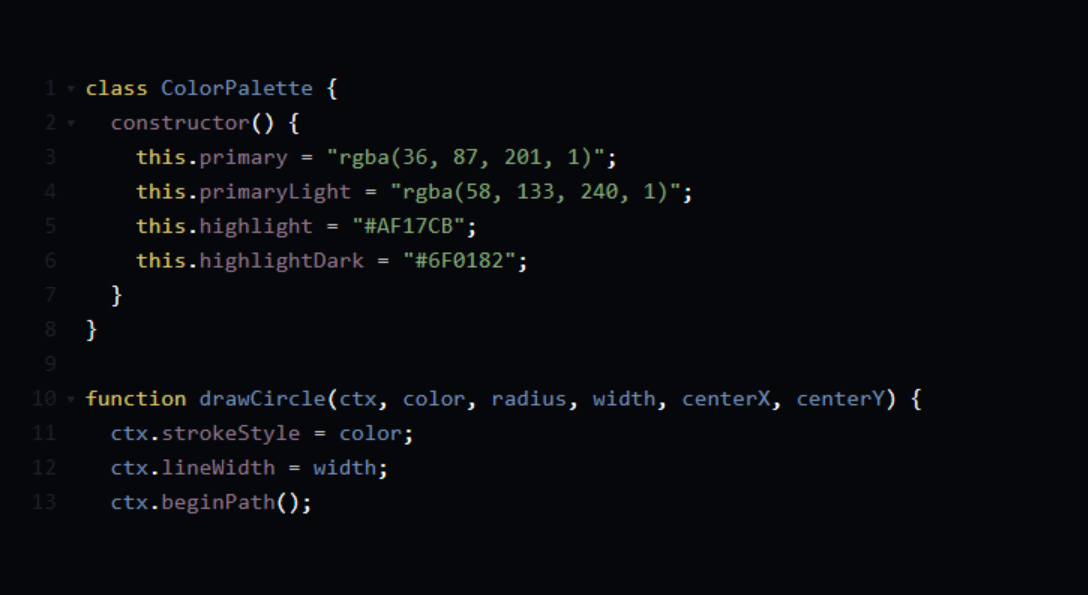JavaScript code snippet showing a ColorPalette class with color properties and a drawCircle function for canvas operations.
