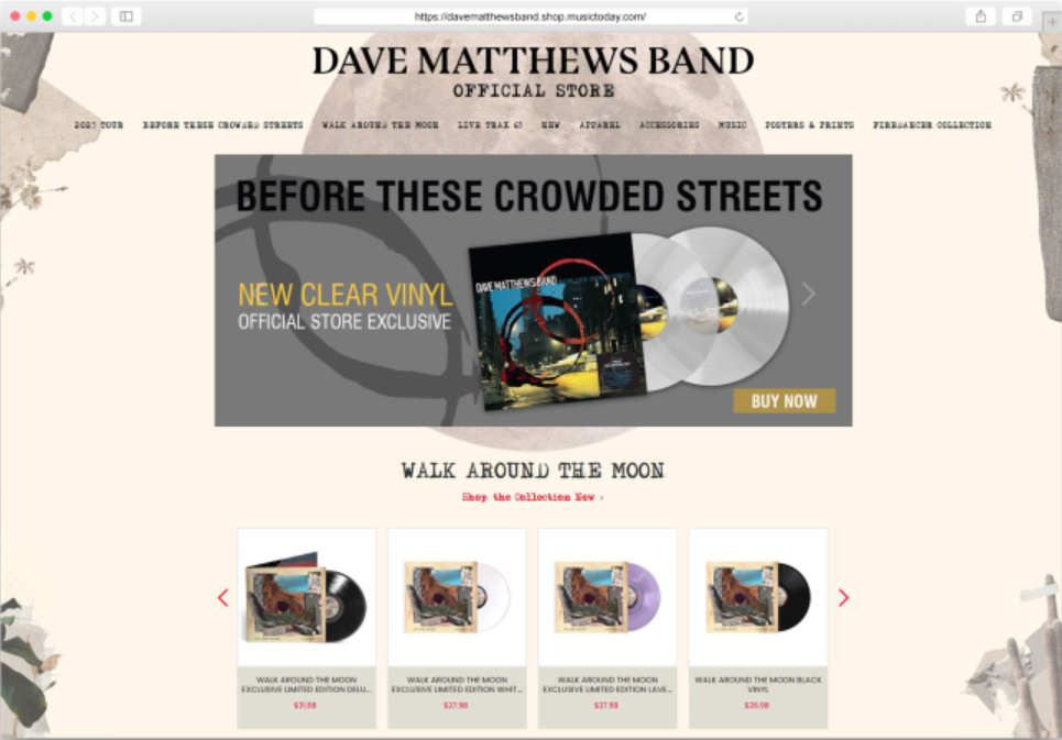 Dave Matthews Band official store website displaying album merchandise, including 'Before These Crowded Streets' on clear vinyl and 'Walk Around the Moon' collections.