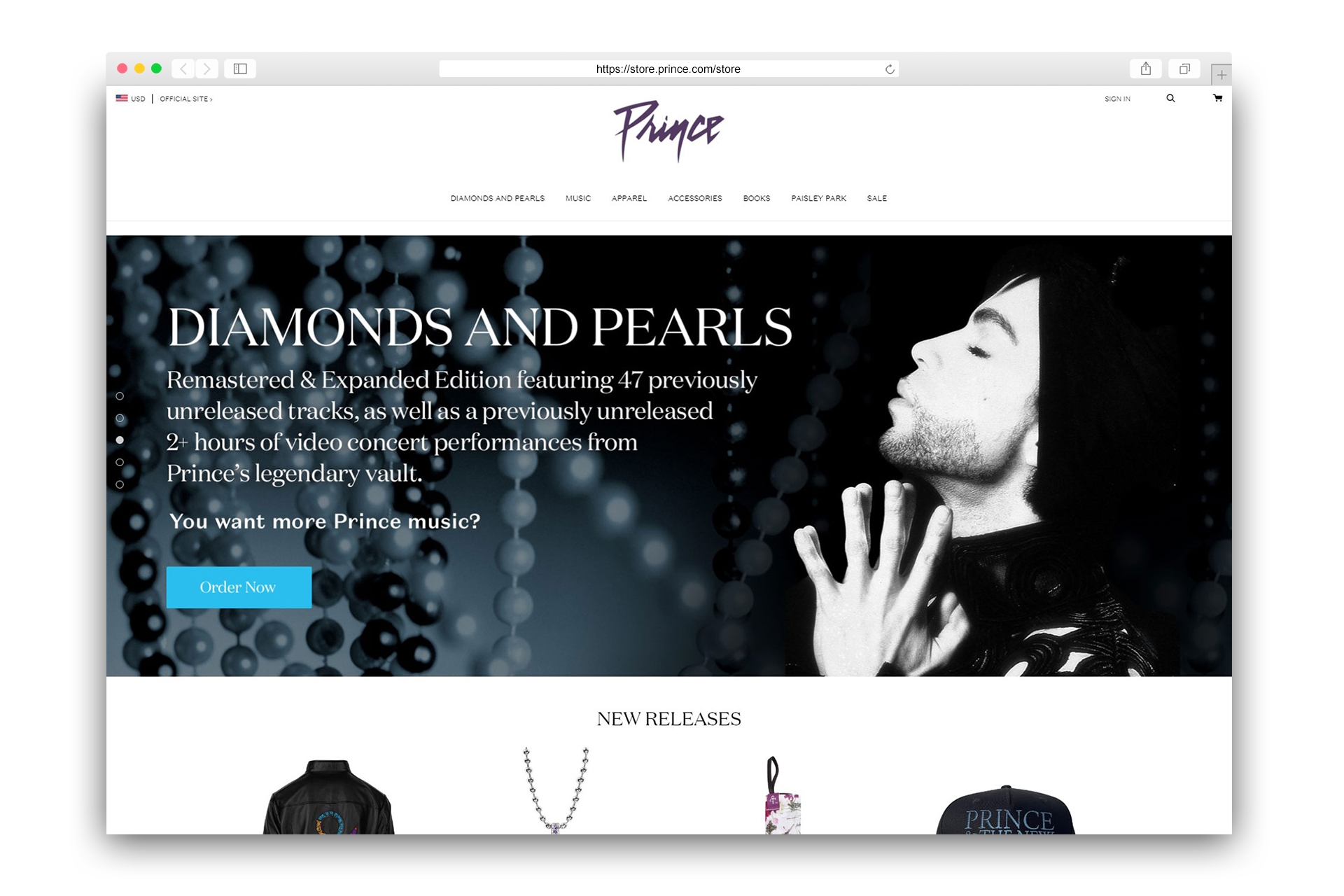 Screenshot of the Prince official store homepage promoting "Diamonds and Pearls" remastered edition, featuring a black-and-white image of Prince, a text description, and an "Order Now" button. Below are images of merchandise including a jacket, necklace, tote bag, and hat labeled "New Releases."