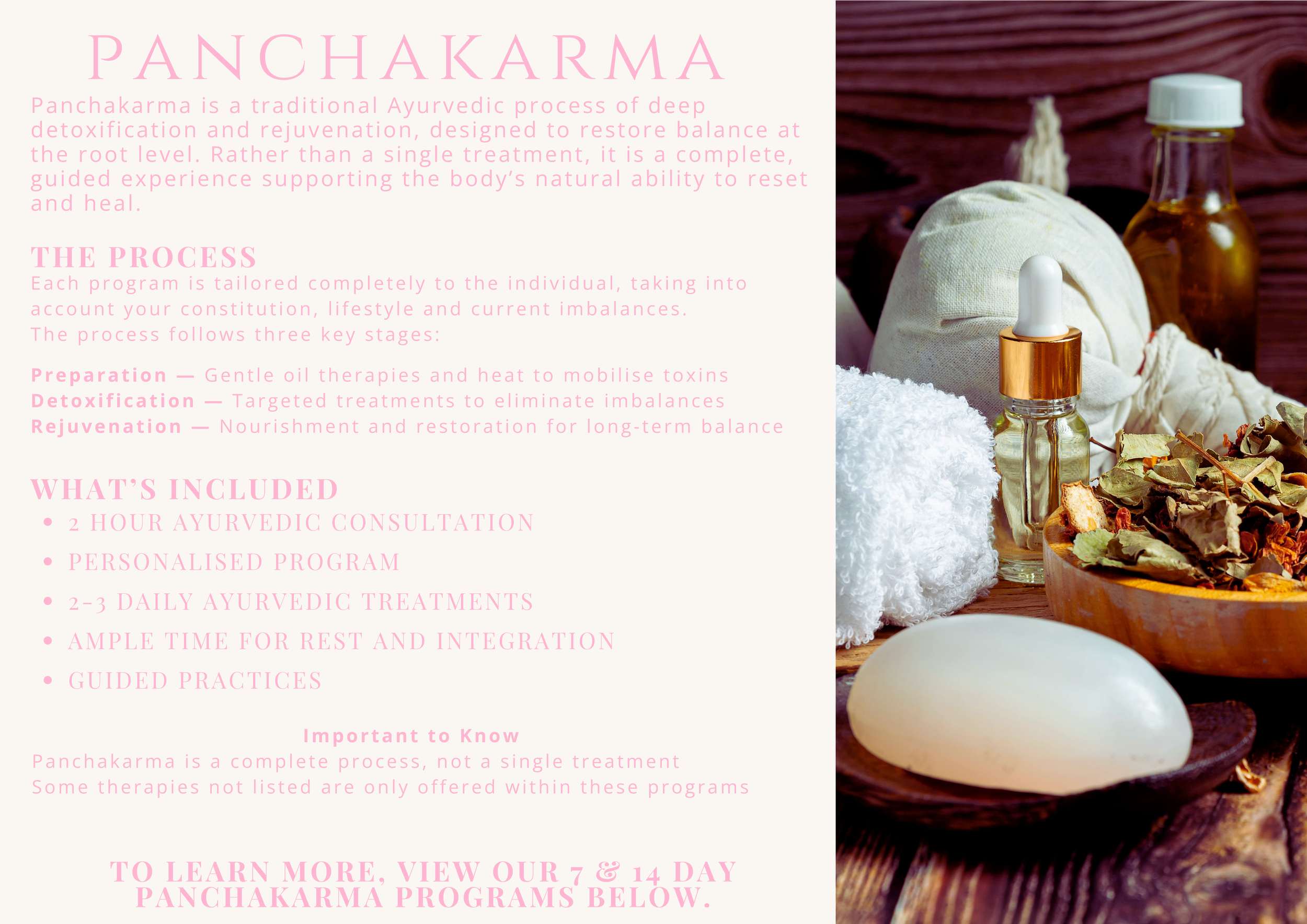 Display of Ayurvedic skincare and treatment items, including a white rolled towel, a glass dropper bottle, dried leaves, an herbal bowl, and a soap bar on a wooden surface.