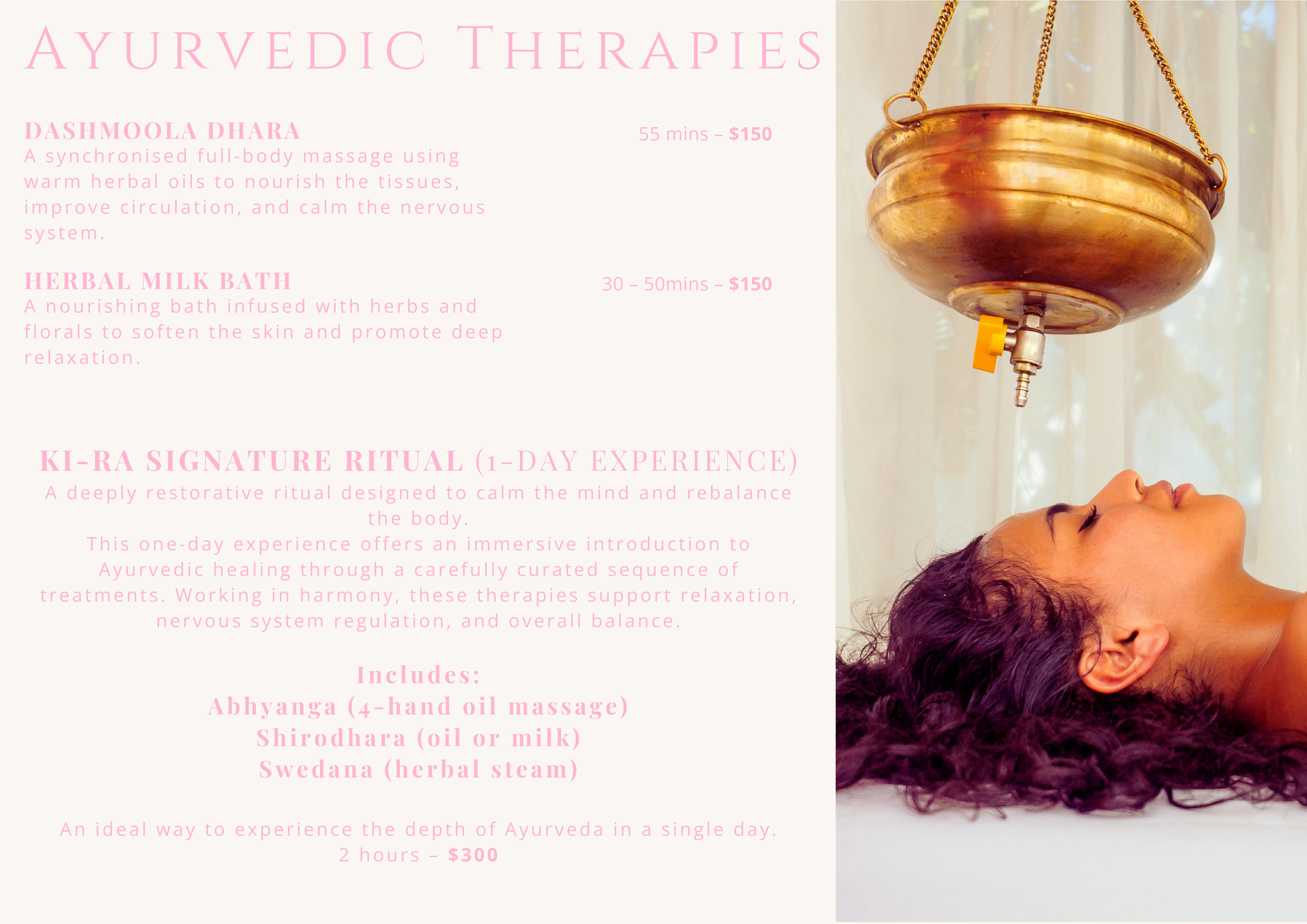 A woman lying down with her eyes closed, receiving an Ayurvedic steam treatment with a copper canopy suspended above her.