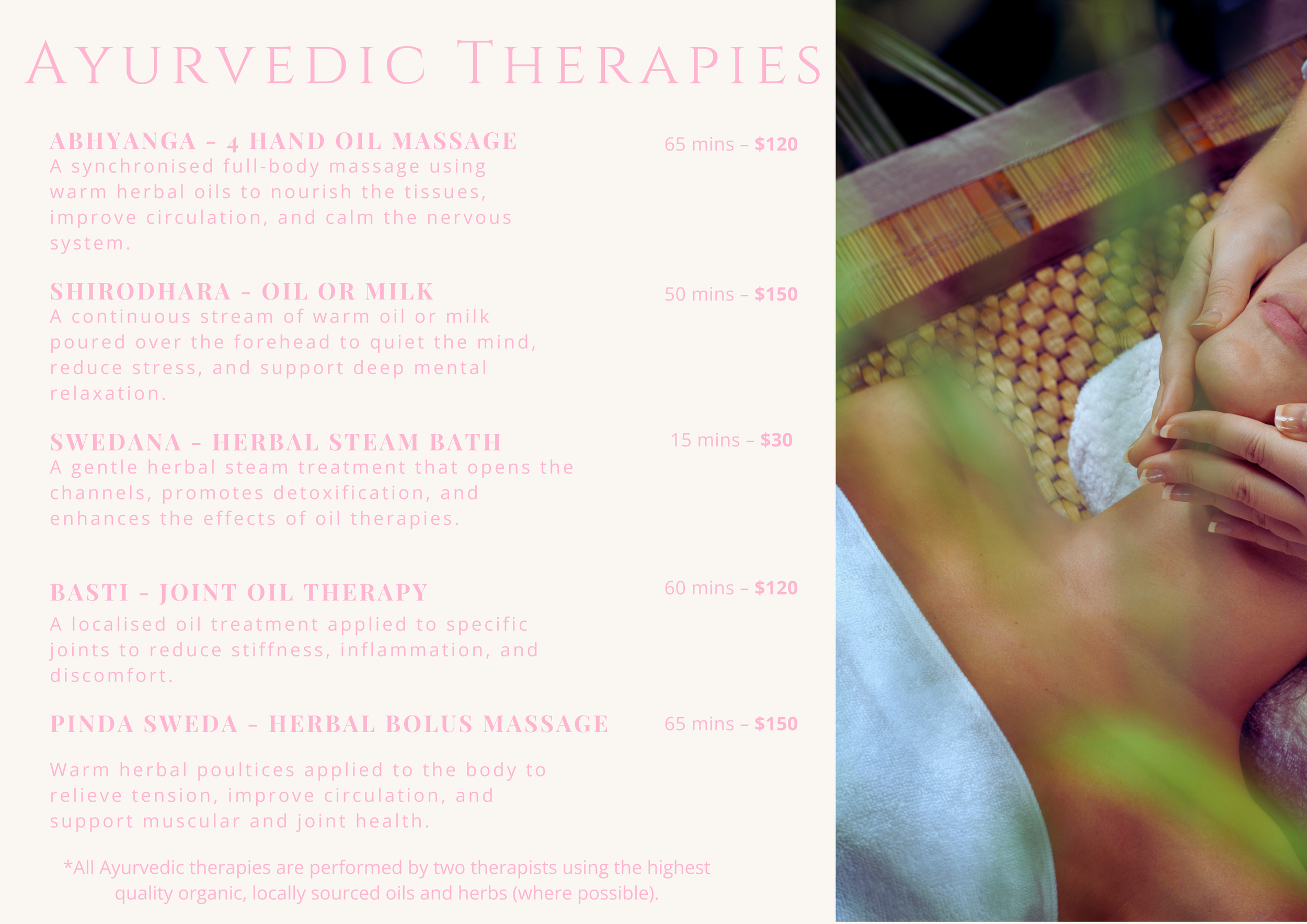 List of Ayurvedic therapies with descriptions and prices, with a background image of a person receiving a facial massage.