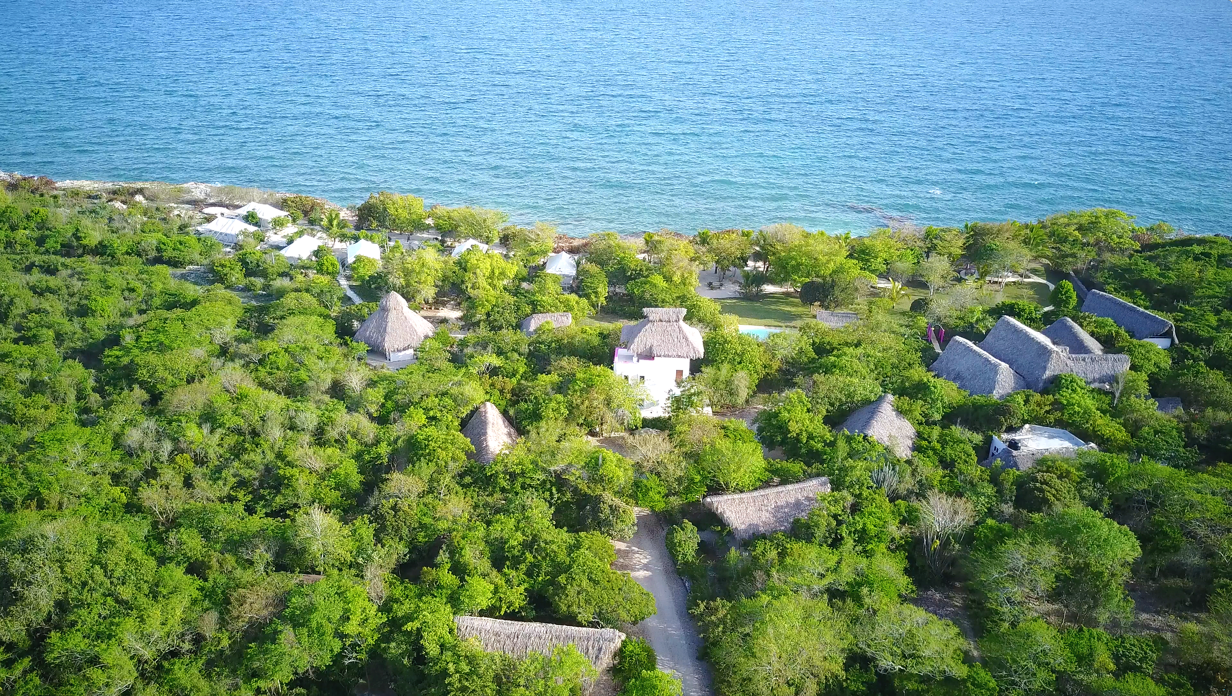 Aerial view of a lush green tropical landscape with thatched-roof huts near the ocean, surrounded by trees and pathways.