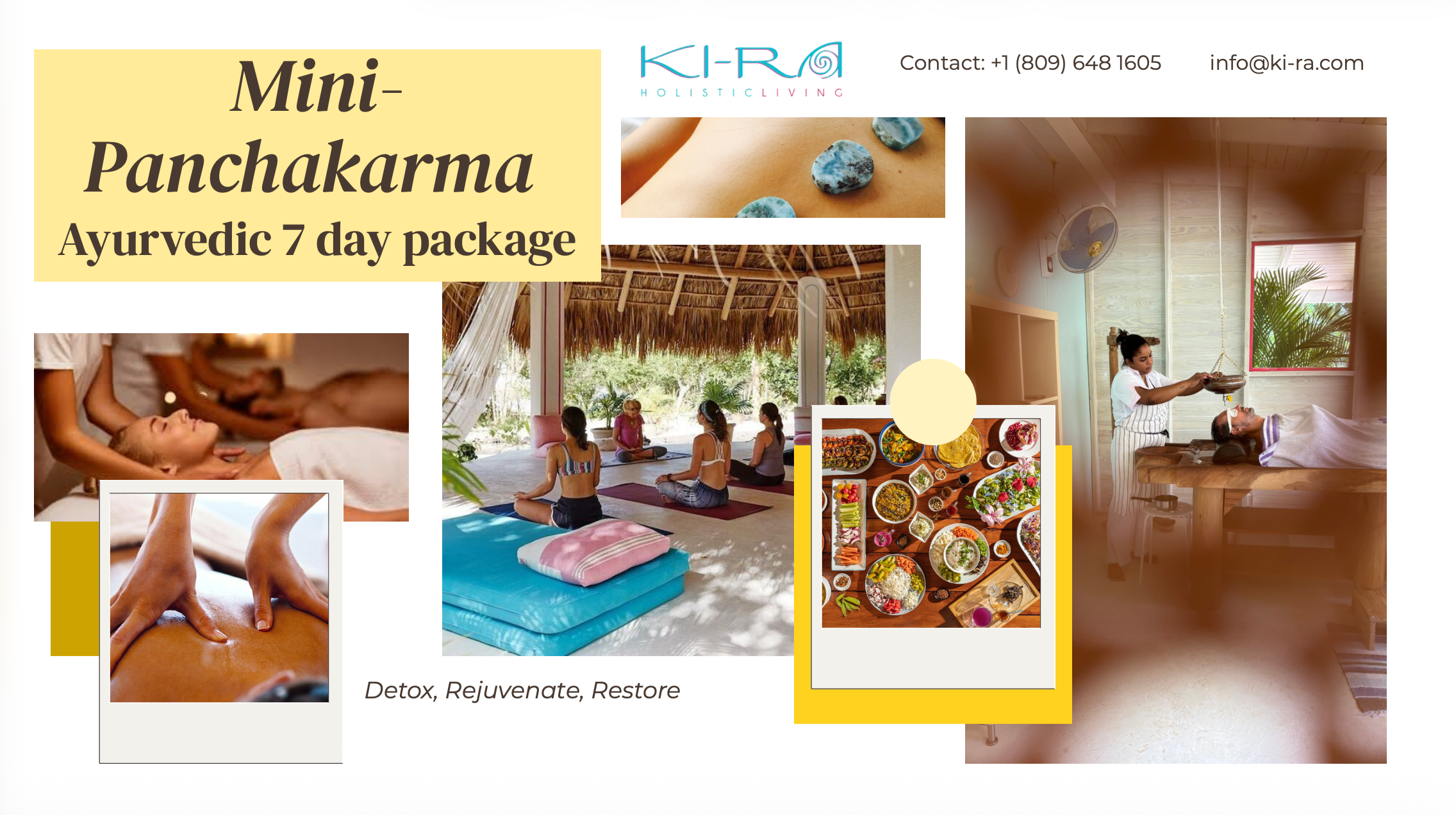 Advertisement for a mini Panchakarma Ayurvedic 7-day package, featuring images of spa treatments, yoga class, healthy food, and a massage therapy session in a wellness center.