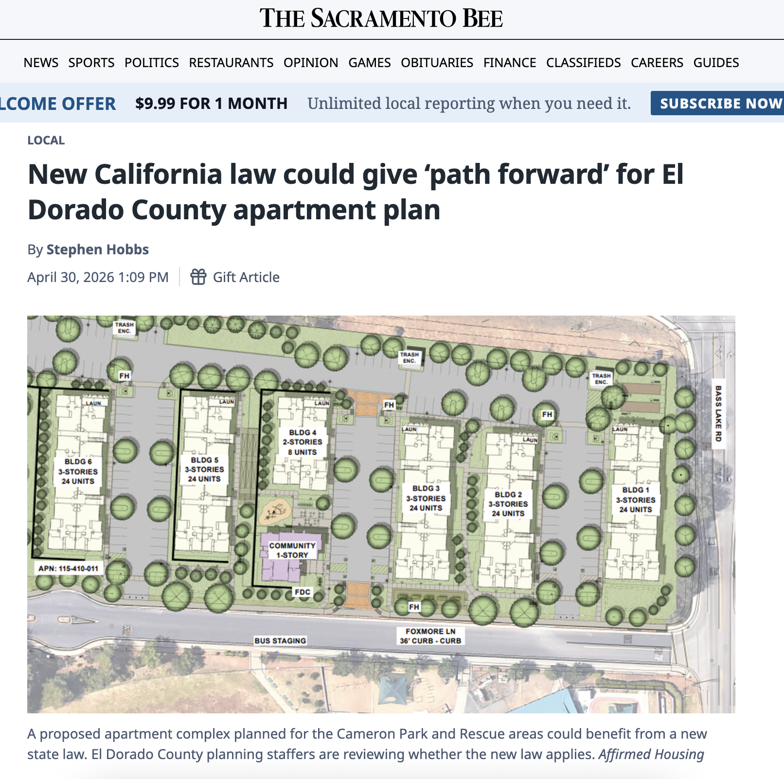 New California law could give ‘path forward’ for El Dorado County apartment plan (Sac Bee Article)