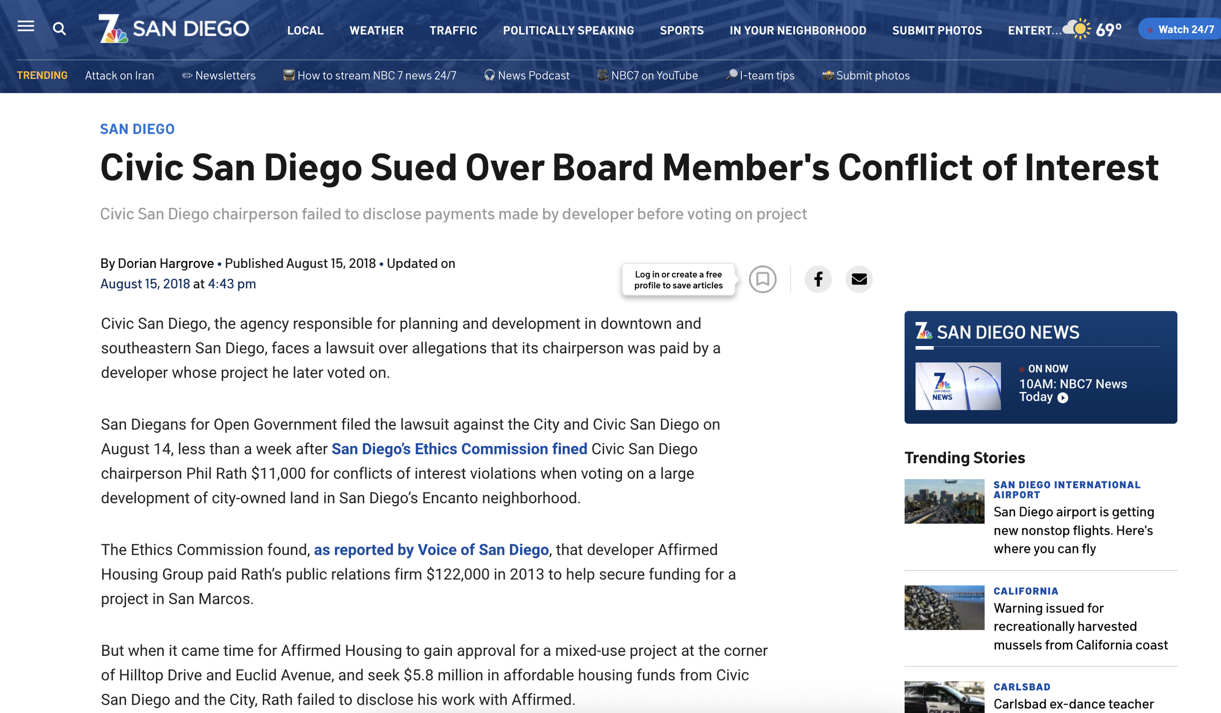 Civic San Diego Sued Over Board Member's Conflict of Interest (NBC Article)