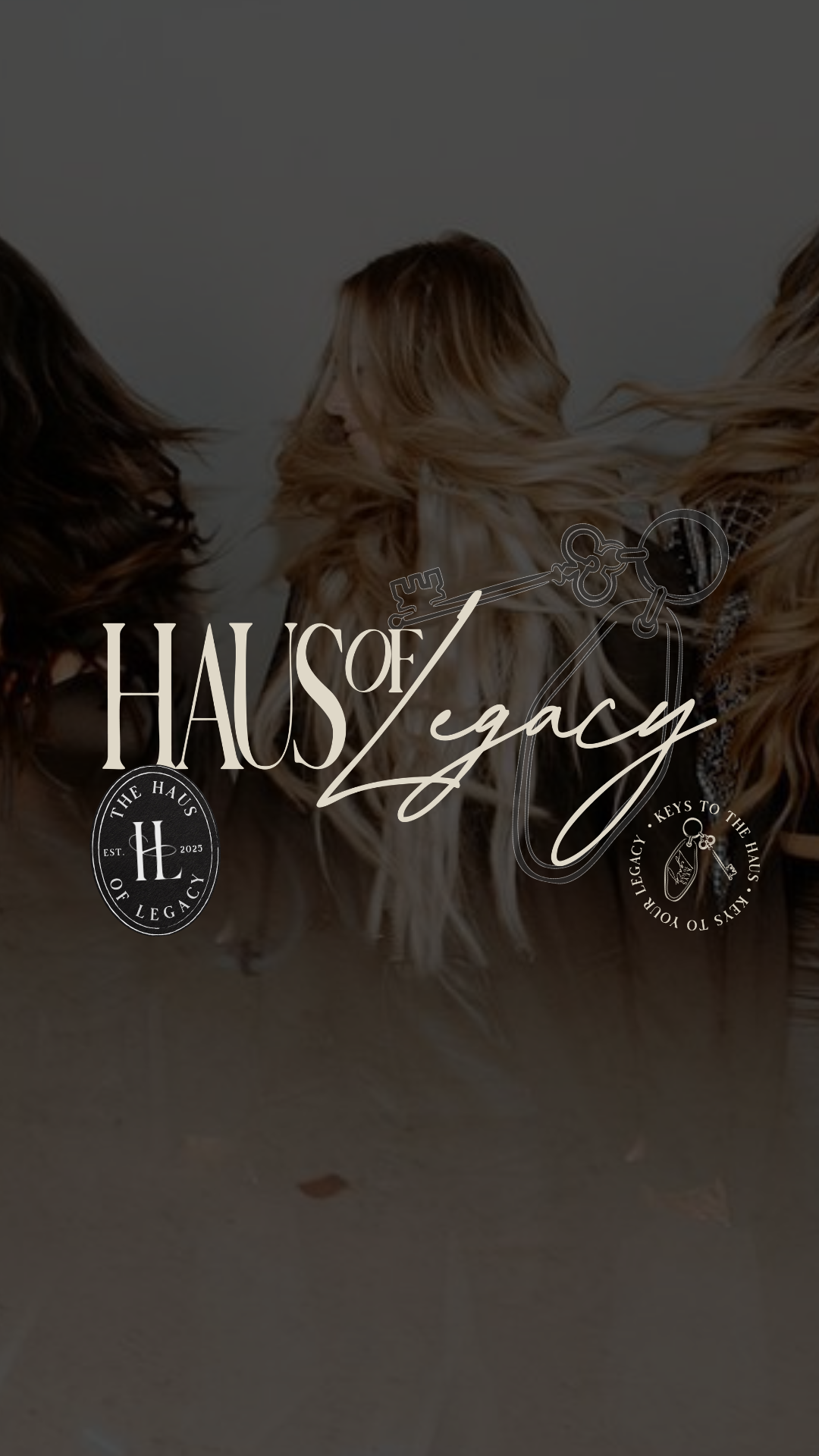 A woman with long blonde hair lying down, with the text 'Haus of Legacy' and a vintage key illustration overlaying the image.