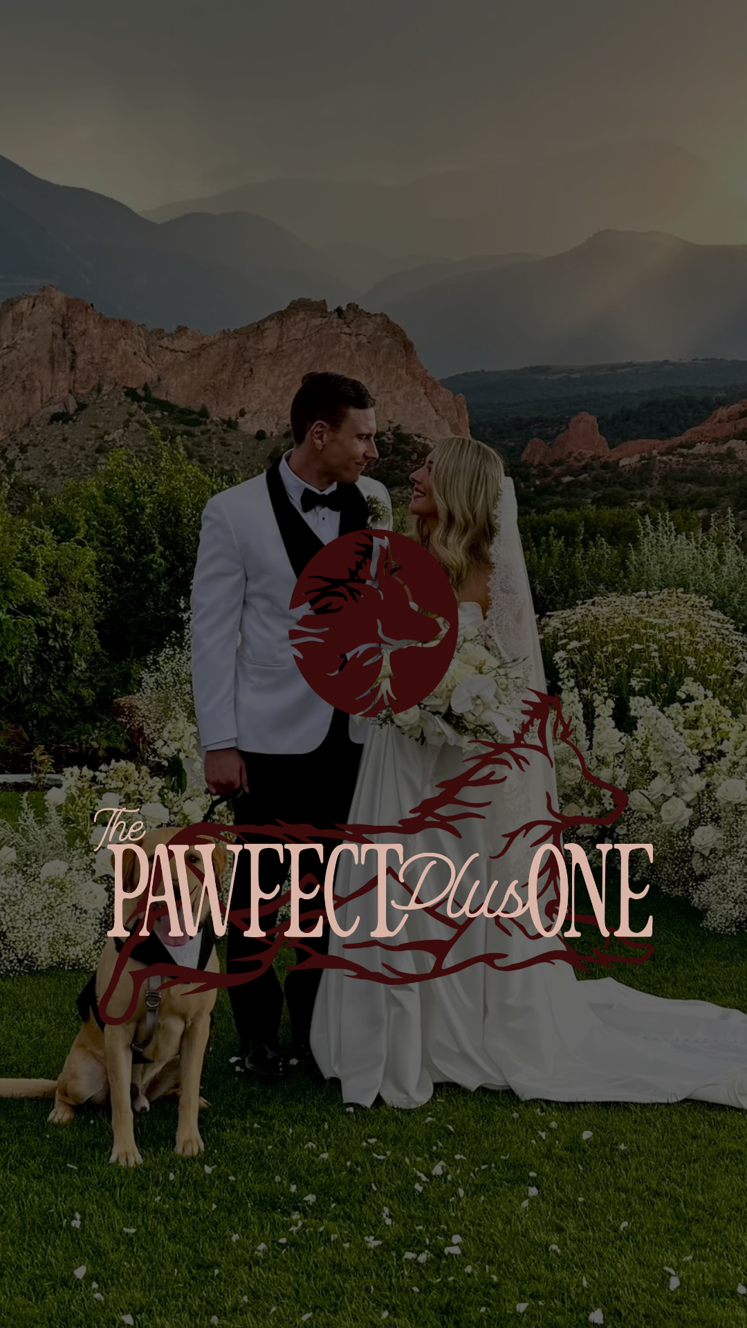 A bride and groom in wedding attire standing outdoors, holding a bouquet, with mountains and greenery in the background. There is a logo with a wolf and trees overlaying the image, and text that reads 'The Pawfect Lounge'.