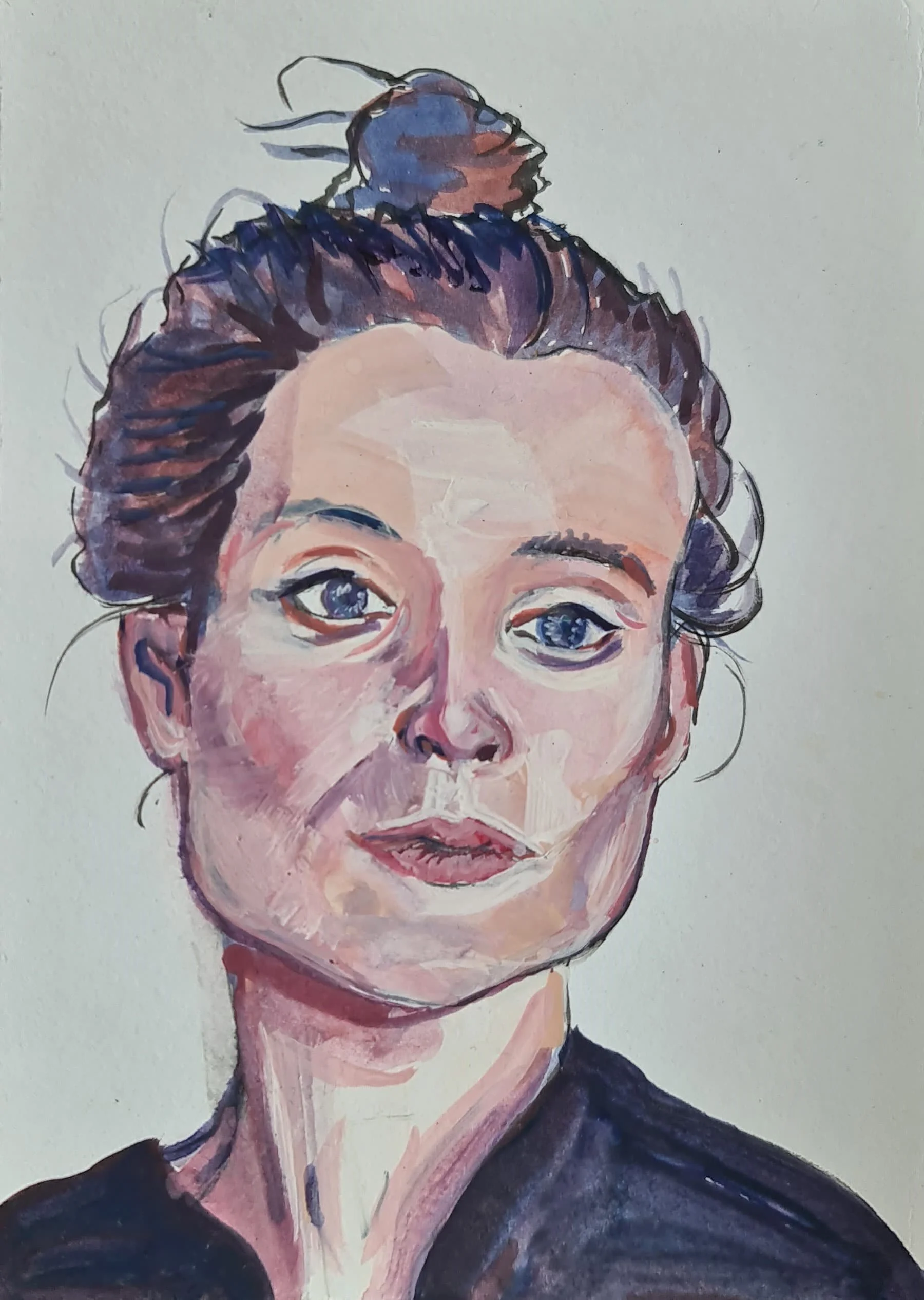 Alvira Ferreira’s Portrait Alouette uses soft watercolor tones and gentle brushstrokes to capture the warmth and intimacy of her sister’s character.