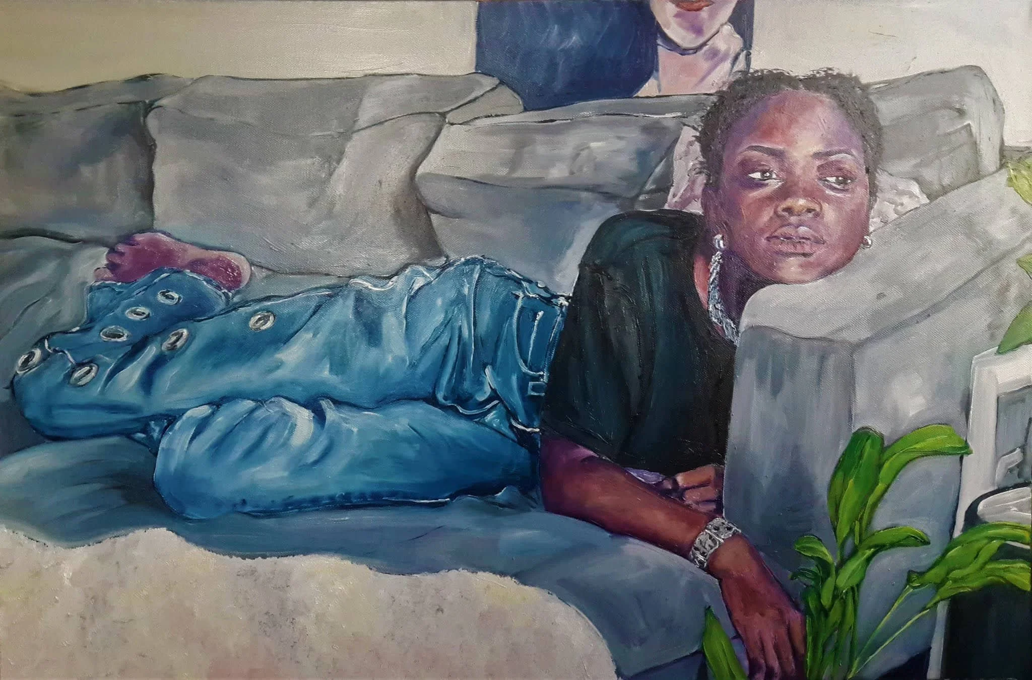 Acedia by Alvira Ferreira portrays a reclining figure, capturing modern lethargy and introspection with a soft, muted color palette.