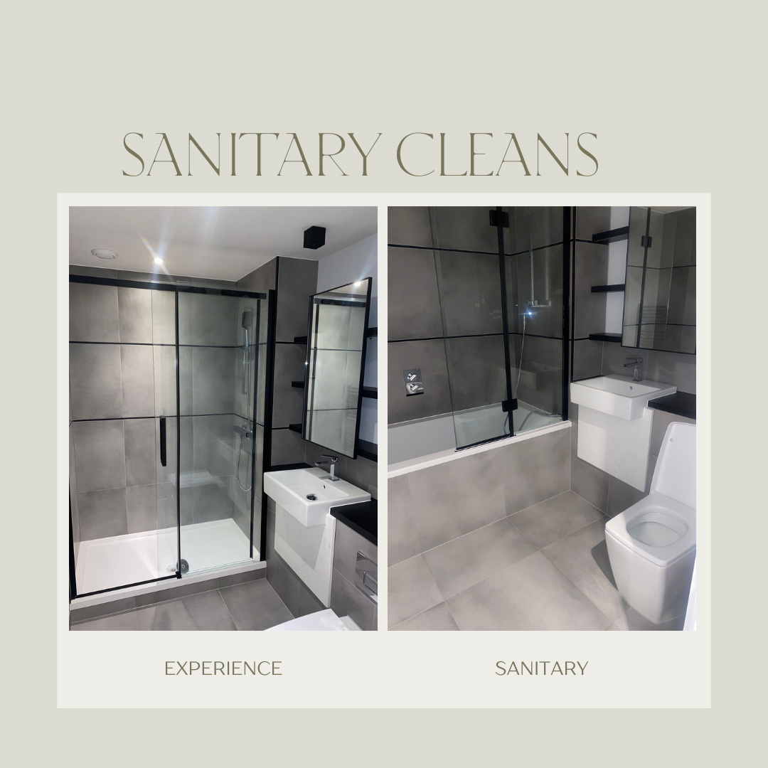 Images showing a modern bathroom with a glass shower stall, gray tiles, a small white sink, a mirror, and a toilet. The left image emphasizes the shower area, and the right image displays the entire bathroom including the toilet. The text "Sanitary C