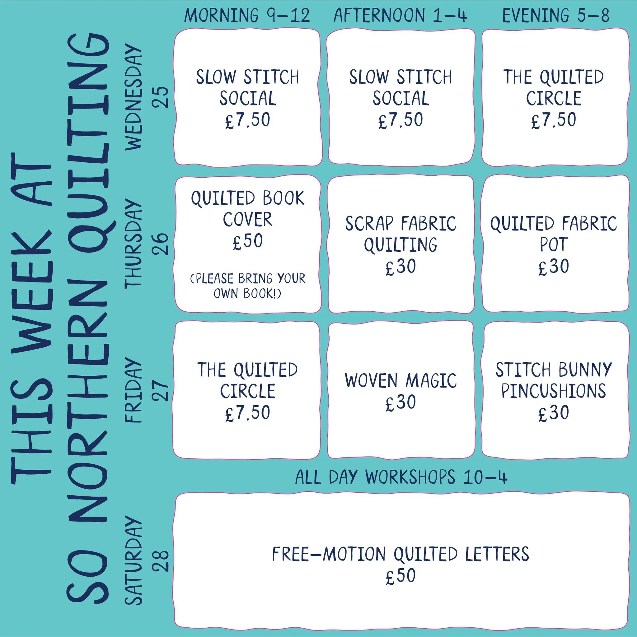 These are the workshops we have this week at So Northern Quilting HQ!

I'm so excited to start the workshops this week! It's going to be so much fun and I would love if you would come along and join in the quilting fun!

Sign up to my newsletter to g