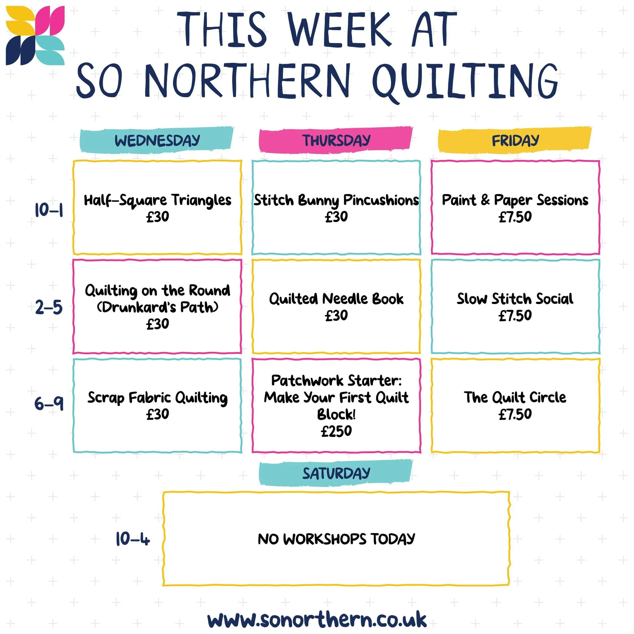 So Northern Quilting is back with lots of exciting updates!

We&rsquo;ve got a brand new workshop schedule running through August, with something for every skill level, from beginner-friendly patchwork to creative sewing sessions.

Our much-loved cra