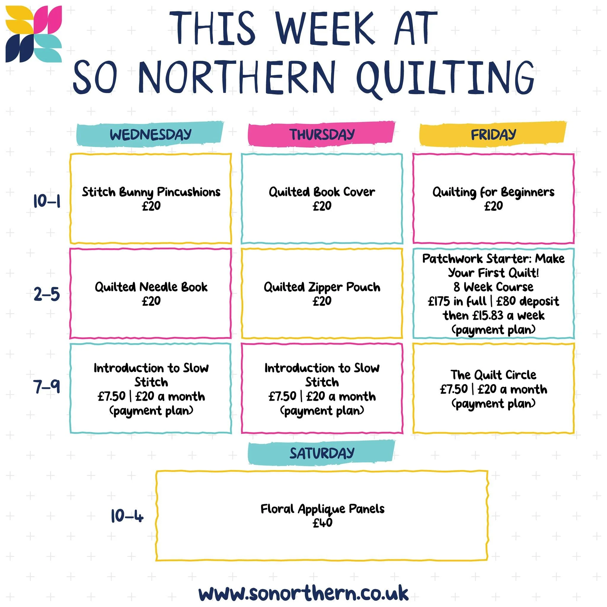 Introducing this week&rsquo;s workshops at So Northern Quilting!

Whether you&rsquo;re completely new to quilting, looking to learn a new skill or simply want to spend some creative time with others, there&rsquo;s something for you.

Our Wednesday an