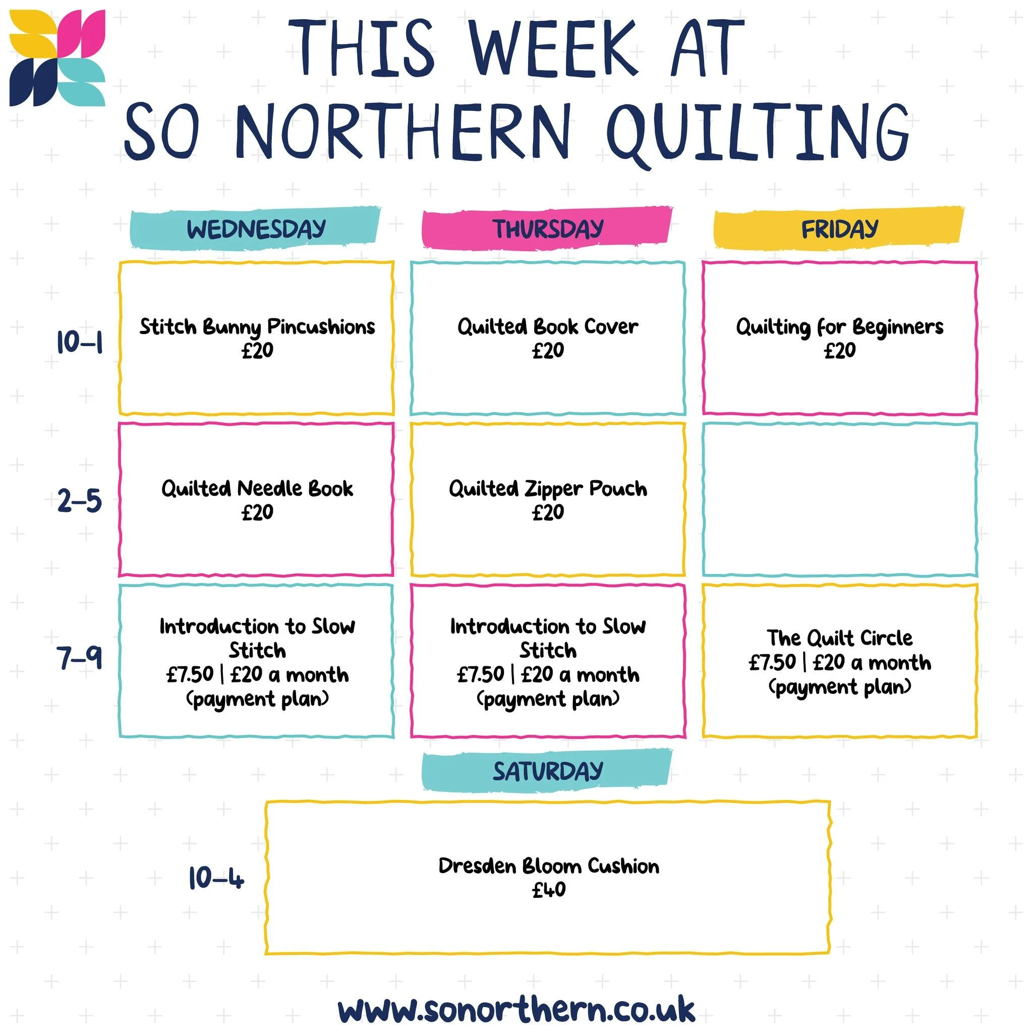 Introducing our new range of workshops at So Northern Quilting!

Whether you&rsquo;re completely new to quilting, looking to learn a new skill or simply want to spend some creative time with others, there&rsquo;s something for you.

Our Wednesday and