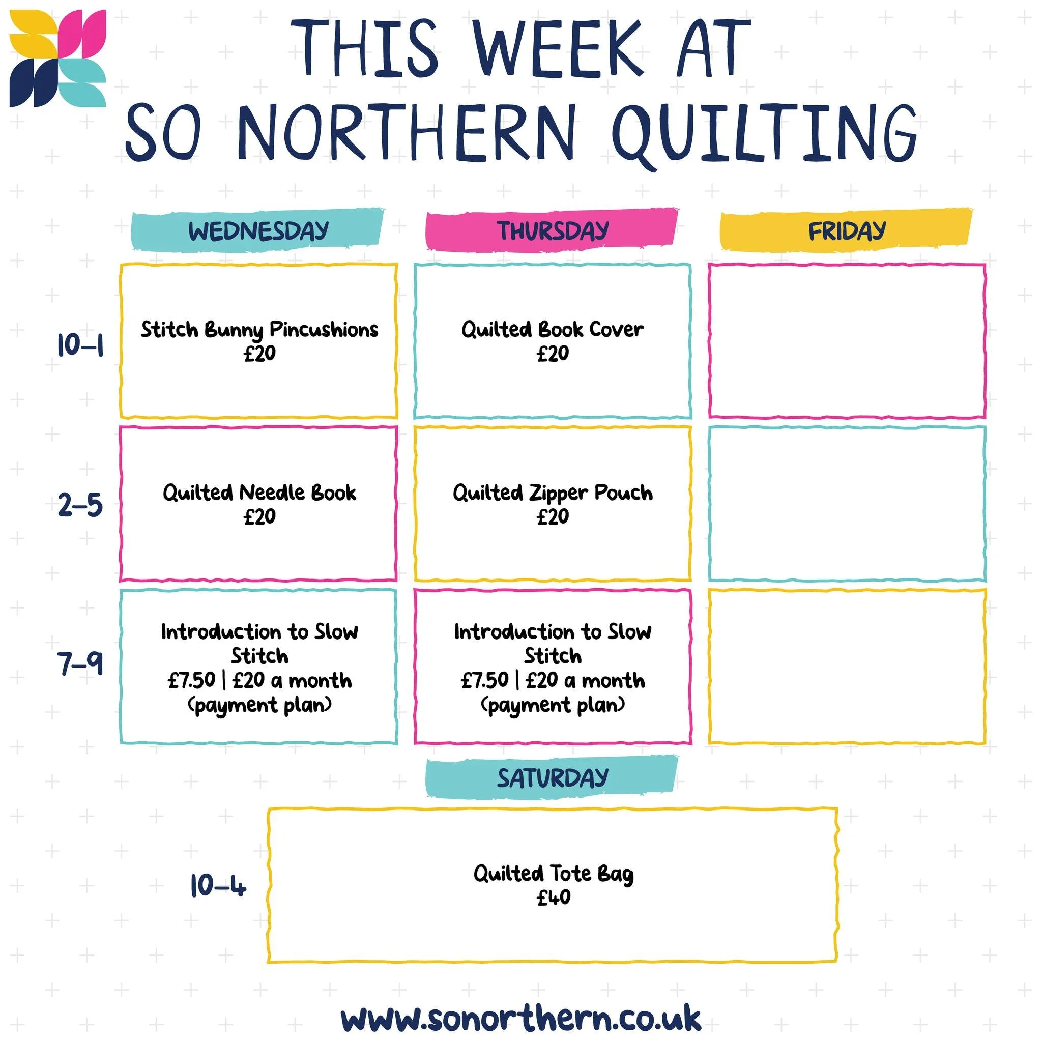 Introducing this week&rsquo;s workshops at So Northern Quilting!

Whether you&rsquo;re completely new to quilting, looking to learn a new skill or simply want to spend some creative time with others, there&rsquo;s something for you.

Our Wednesday an