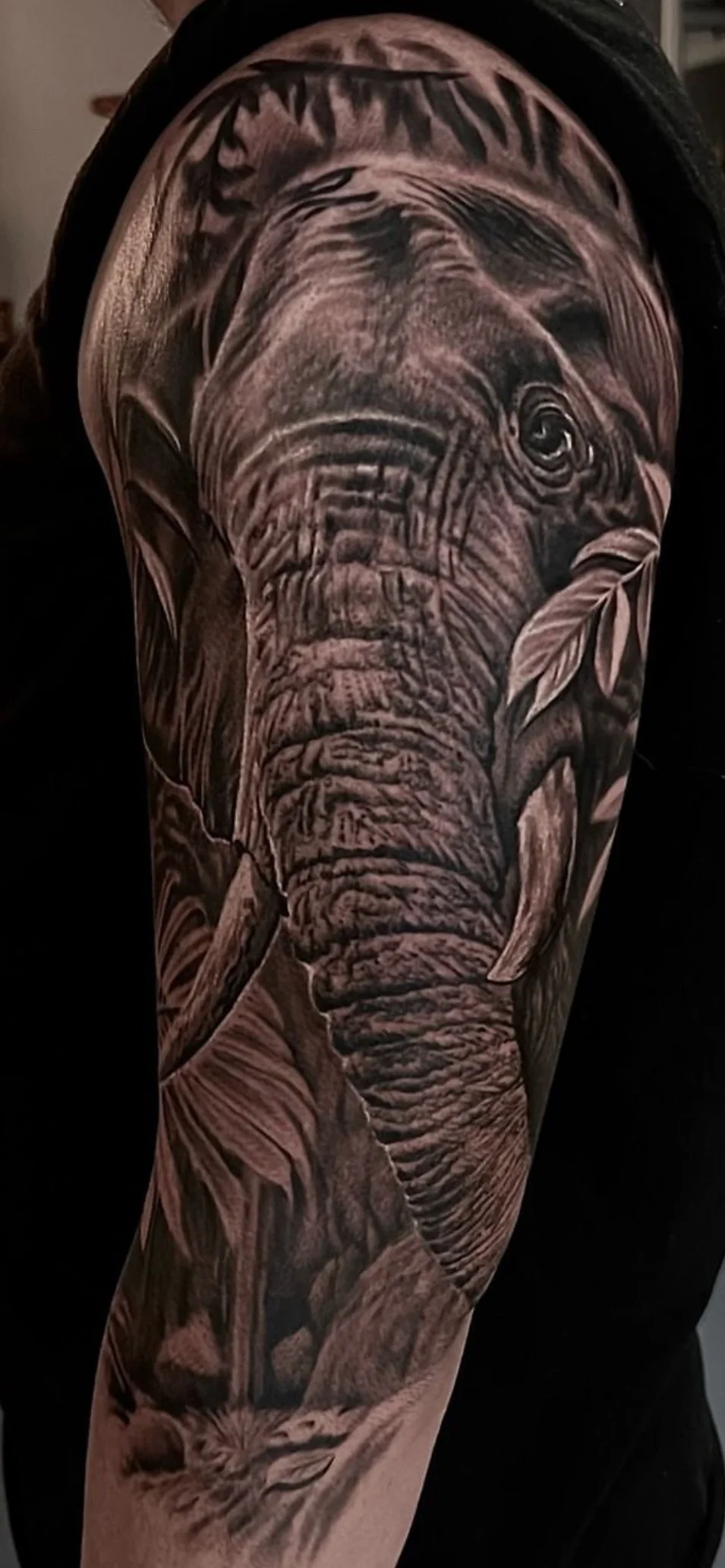 A detailed black and gray tattoo of an elephant's face on a person's upper arm, with leaves and foliage surrounding it.