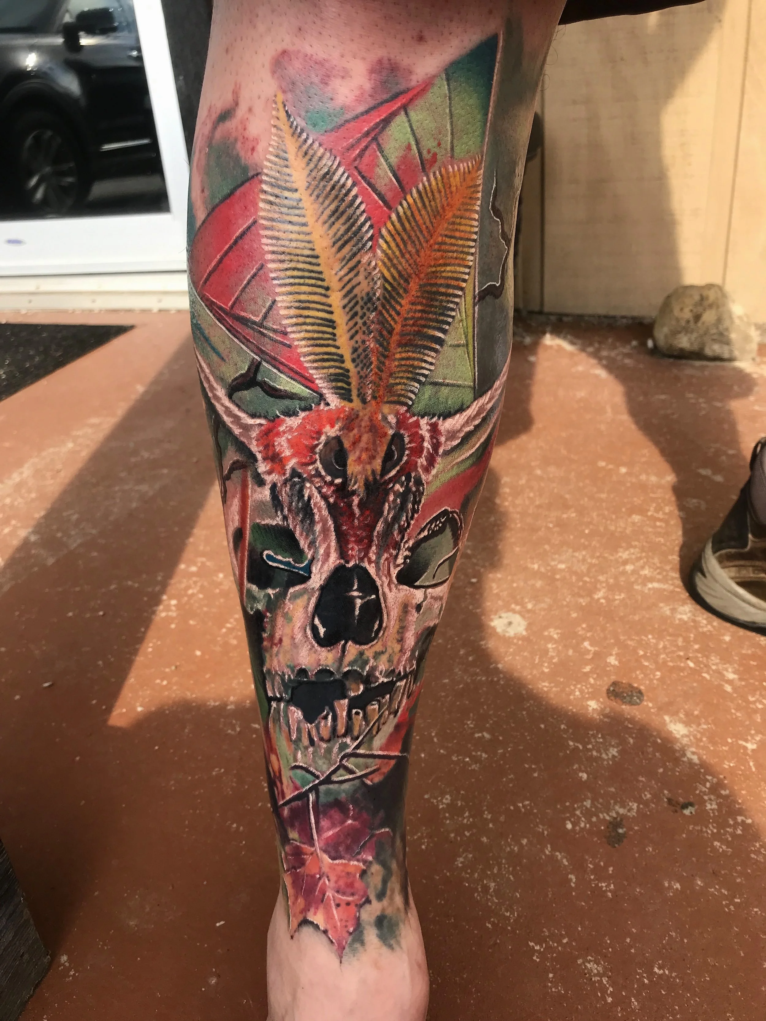 Colorful tattoo of a skull with leaves and a fox with large, colorful feathers on the foreleg.