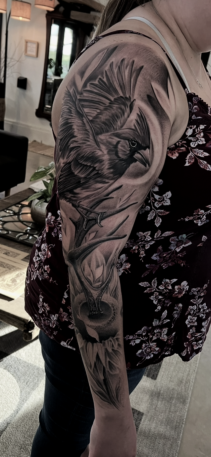 Close-up of a person's arm with a detailed black and gray tattoo of a bird, possibly a hawk or eagle, perched on a branch.