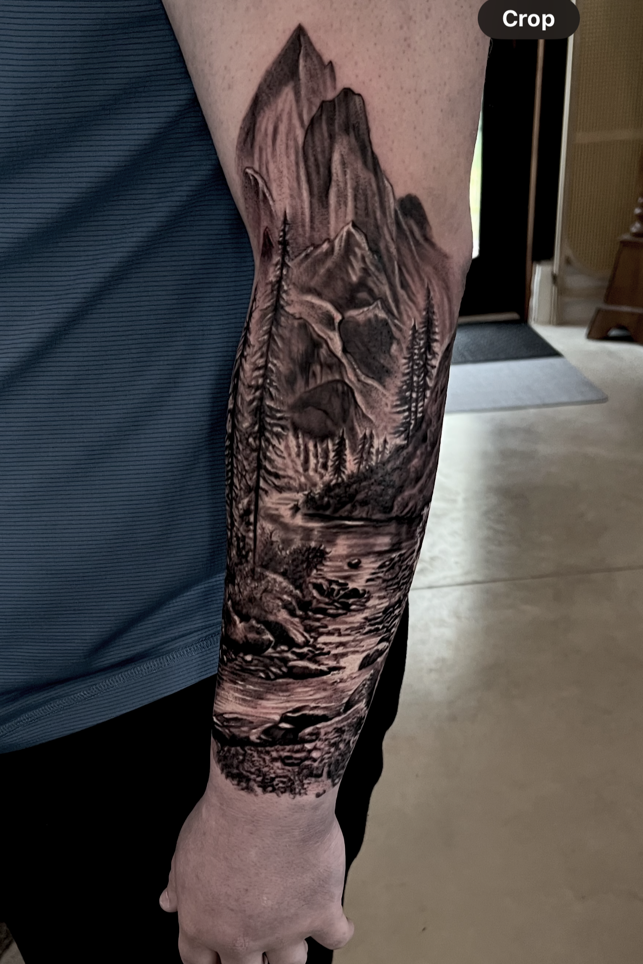 Tattoo of a mountain landscape with trees and river on person's arm.