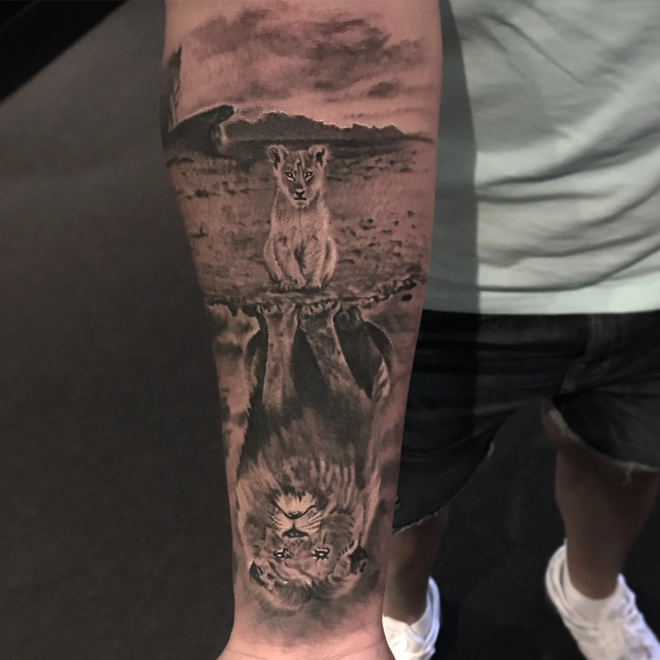 Tattoo of a lion and a lion cub reflected in water on a person's arm.