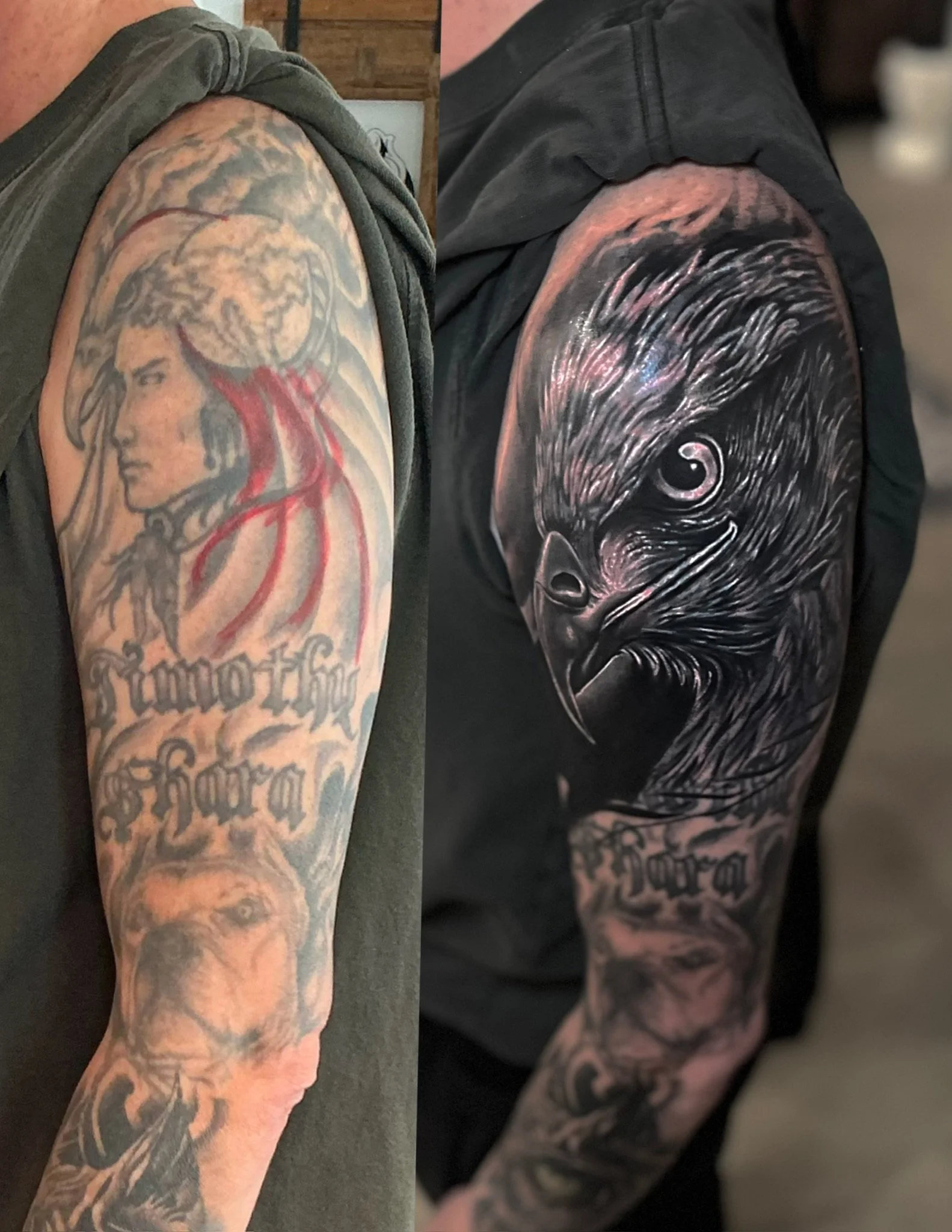 Side-by-side view of two tattoos on upper arms. The left tattoo depicts a Native American woman with a traditional headdress, a lion, and Latin script that says 'Amor Fati'. The right tattoo shows a highly detailed black and gray portrait of an eagle
