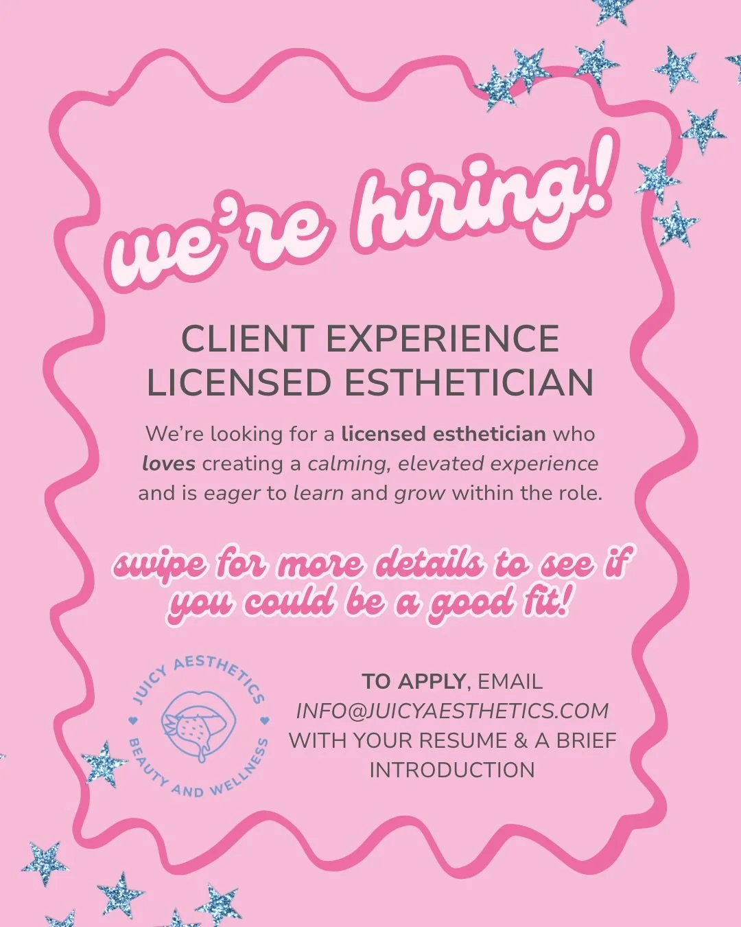 Hey Juicy Gang&mdash; WE&rsquo;RE ADDING TO THE TEAM! 😍✨

We&rsquo;re looking for a licensed esthetician who loves creating a calming, elevated experience on top of results and is eager to grow within a supportive, team-focused medspa.

This role is