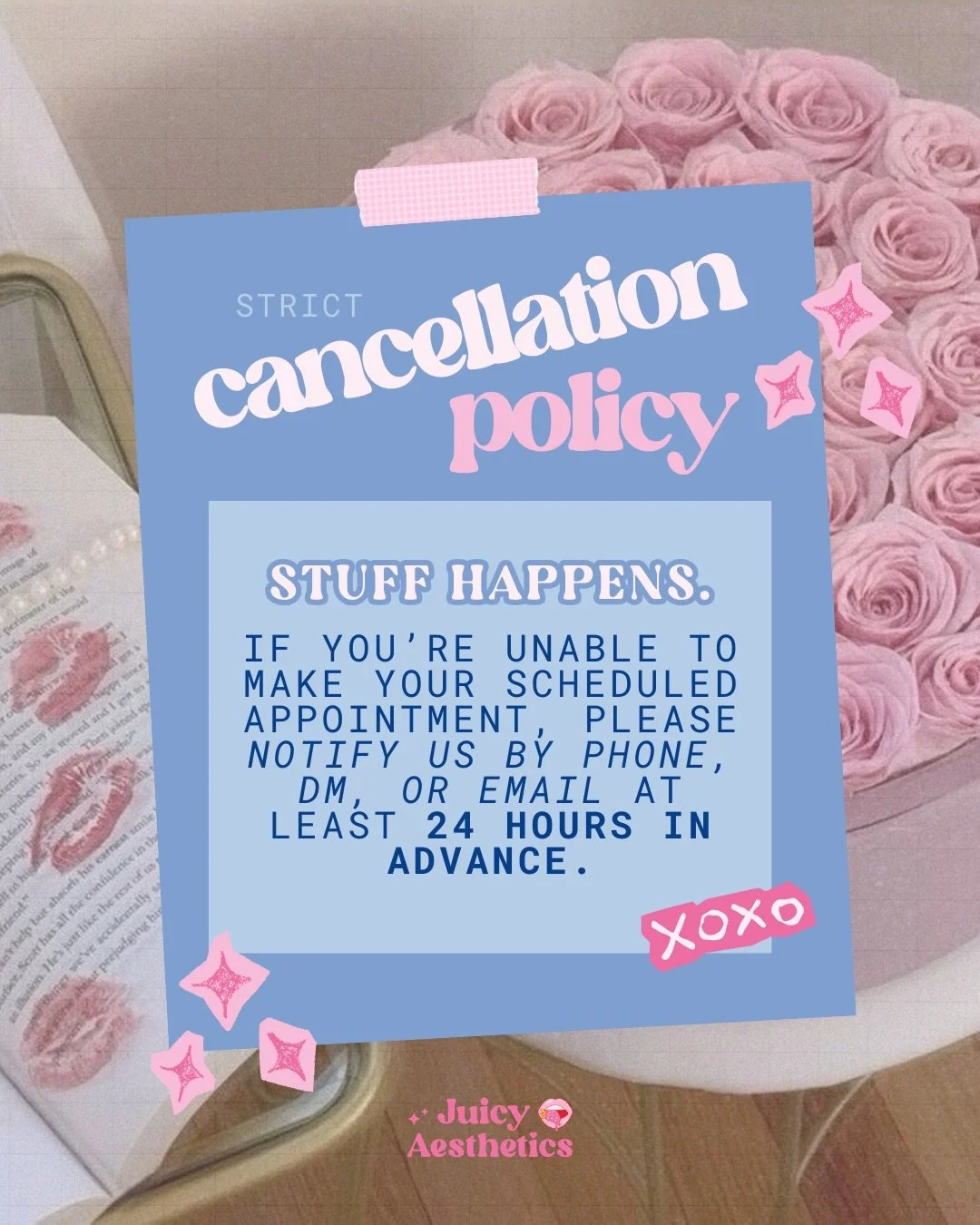Life happens. We totally get it 💖

When you book with us, that time is reserved exclusively for you. We&rsquo;ve blocked our schedule, prepped your service, and set aside our energy with your name on it. To keep things fair and flowing for everyone,