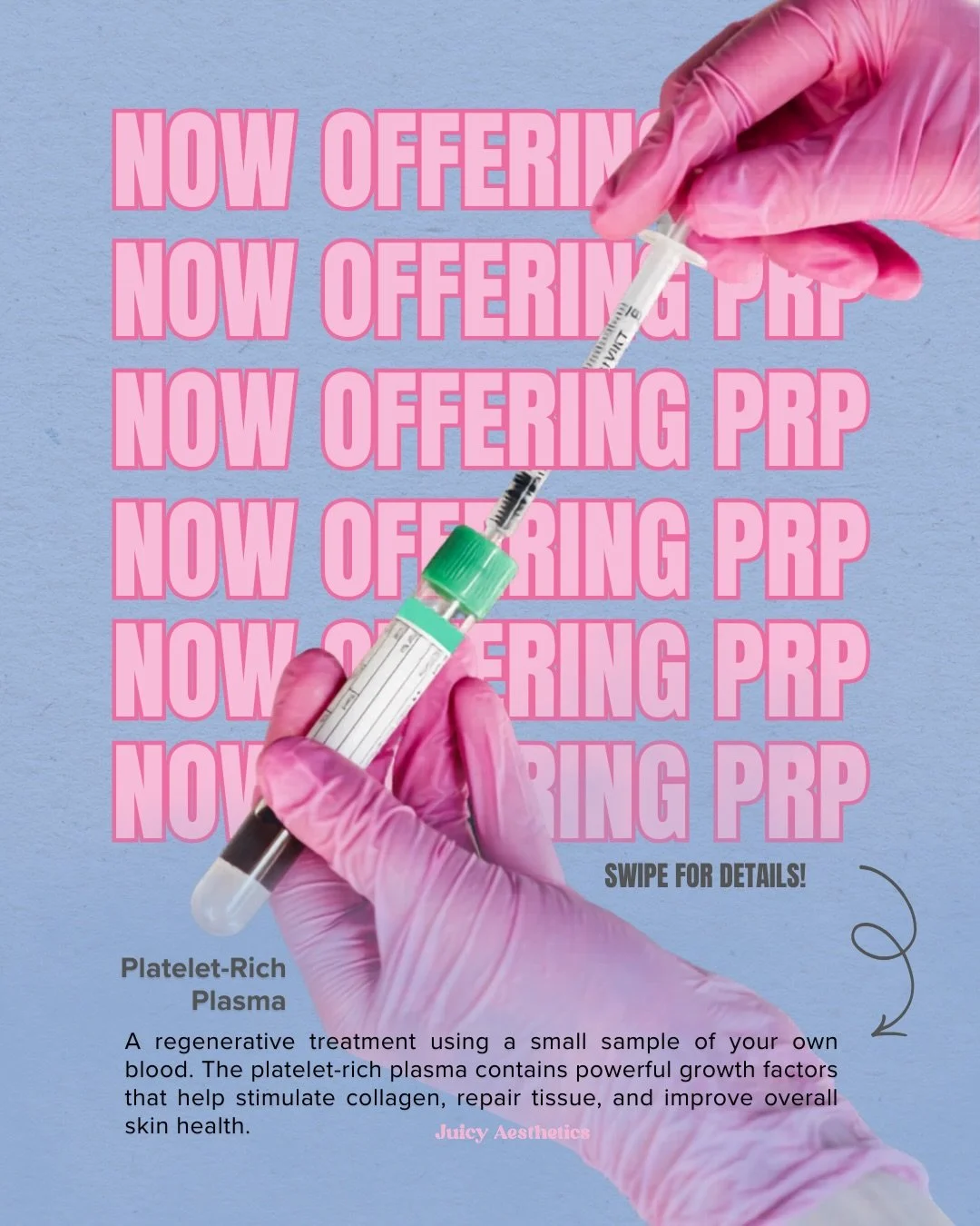 NEW SERVICE 🍒✨ we are so excited to officially launch PRP!

PRP (platelet-rich plasma) is a regenerative treatment using a small sample of your blood.

The plasma we get from your blood sample is packed with growth factors that help stimulate collag