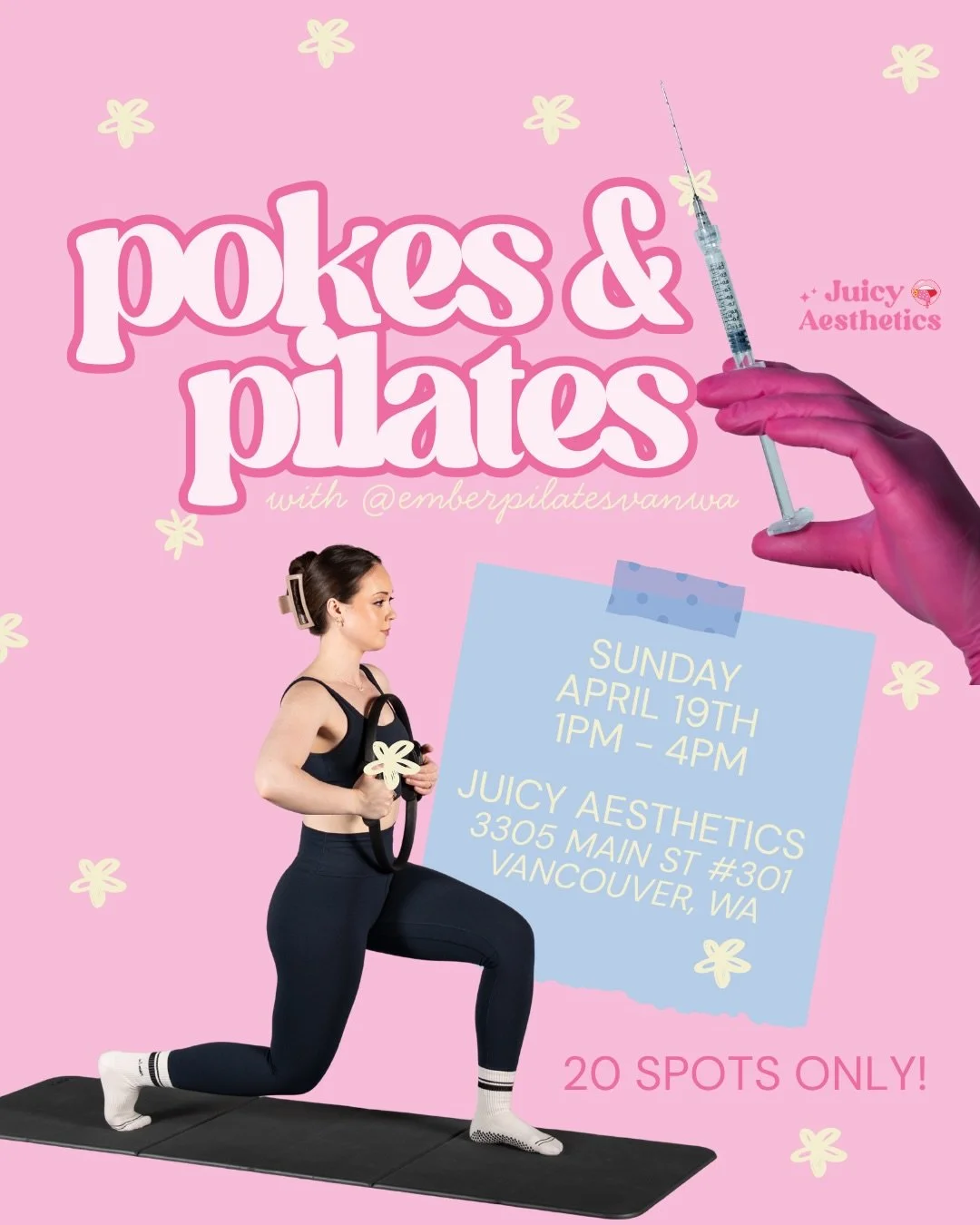 We are so excited to be hosting our very first POKES &amp; PILATES 💉🧘🏼&zwj;♀️ come join us Sunday April 19th from 1pm - 4 for&hellip;

🧘🏽&zwj;♀️ a 50 min mat pilates class led by @emberpilatesvanwa 

🍾 Champagne &amp; light bites

💉 Discounts 