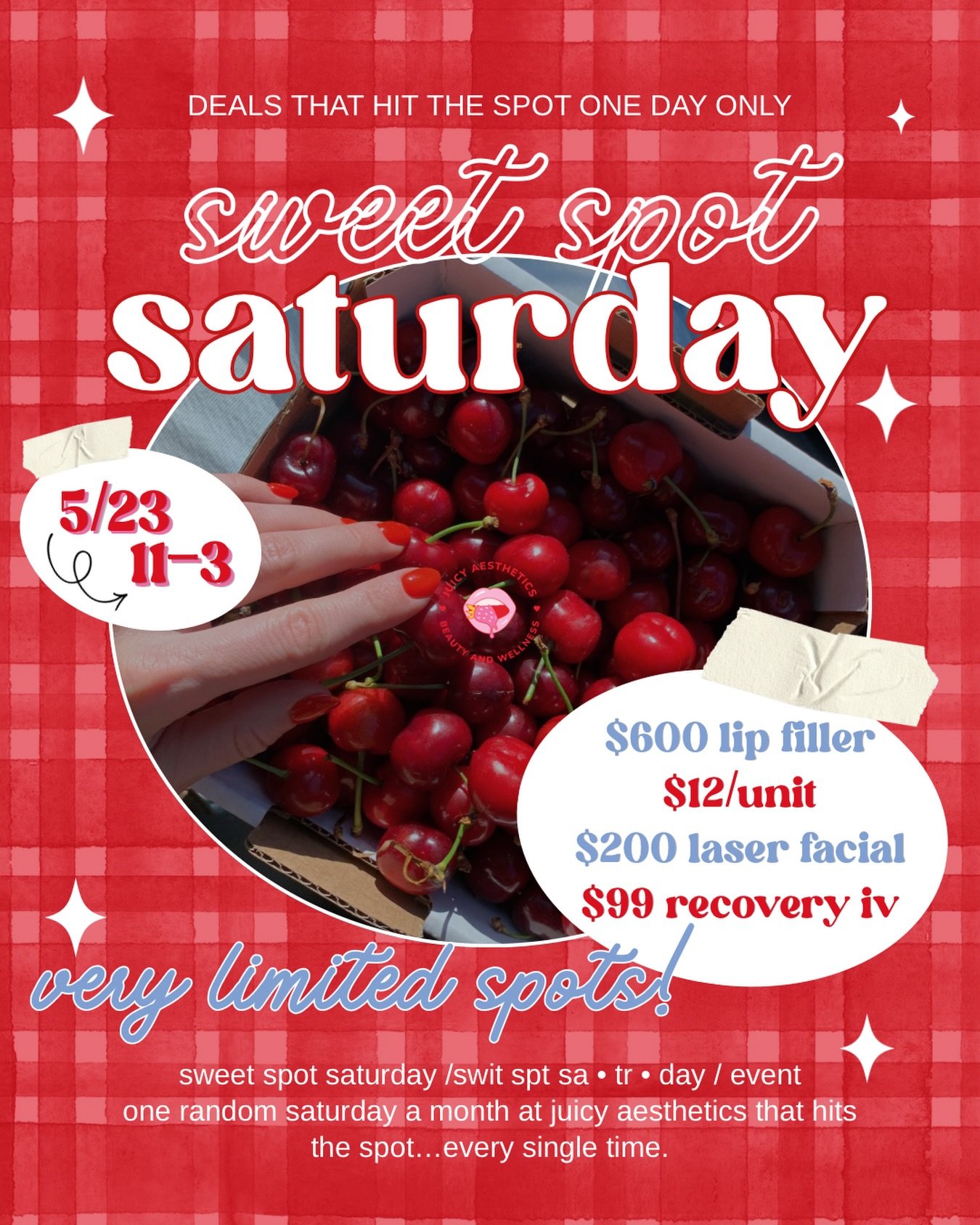 🍒 SWEET SPOT SATURDAY 🥧 one random Saturdays month we&rsquo;re opening our doors &amp; dropping our prices for you 🤭 this month we&rsquo;re spoiling you with an INCREDIBLY discounted laser facial as well as botox and lip filler 😍

Saturday 5/23 1