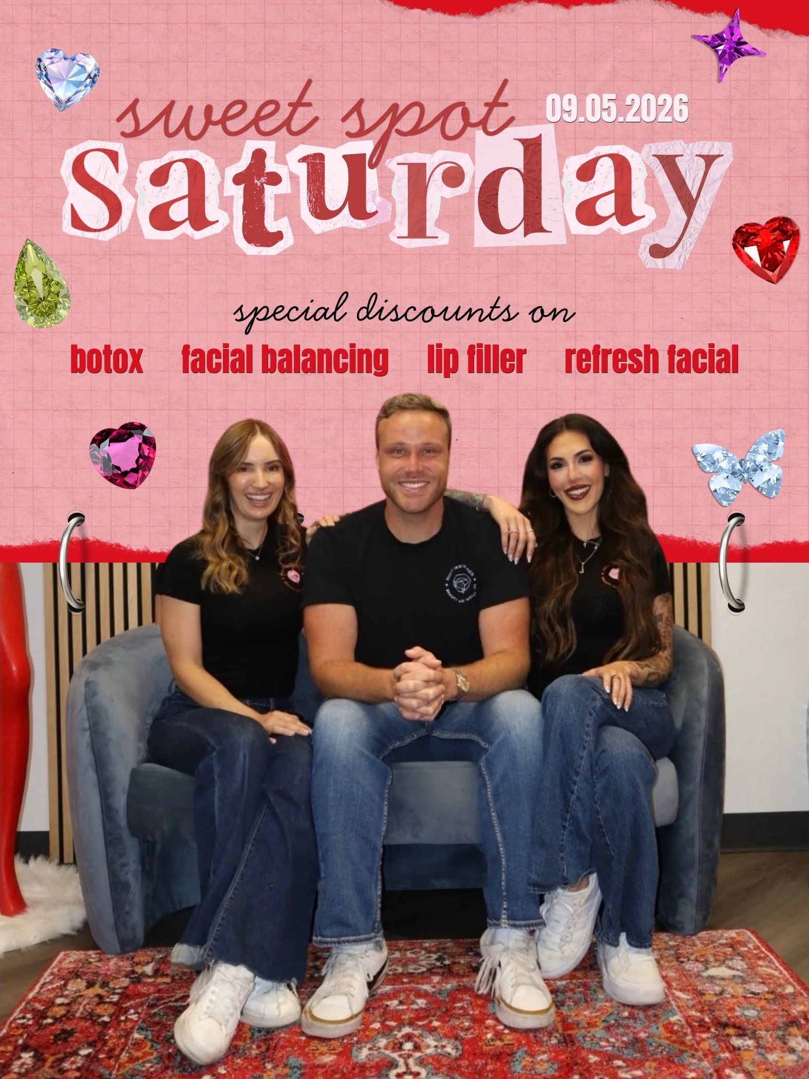 This Saturday while appointments last! It's time for a Sweet Spot Saturday featuring discounts on botox, lip filler, a refresh facial, and even facial balancing 😮 Swipe for pricing. 

Spots are very limited! Hit that share button and spread the word