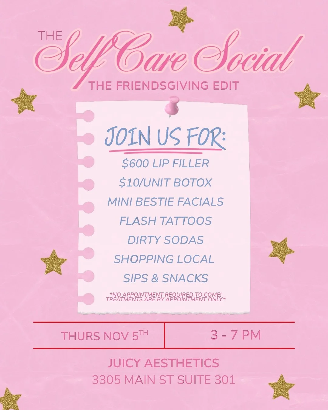 I know we haven&rsquo;t hit Halloween yet&hellip; but will you join us for Friendsgiving 🤭 come hang out at Juicy Aesthetics on Thursday, November 5th to&hellip;

🧶 SHOP SMALL

✨ GET A FLASH TATTOO

🫧 DO A MINI FACIAL WITH YOUR BESTIE

🧋 DRINK A 