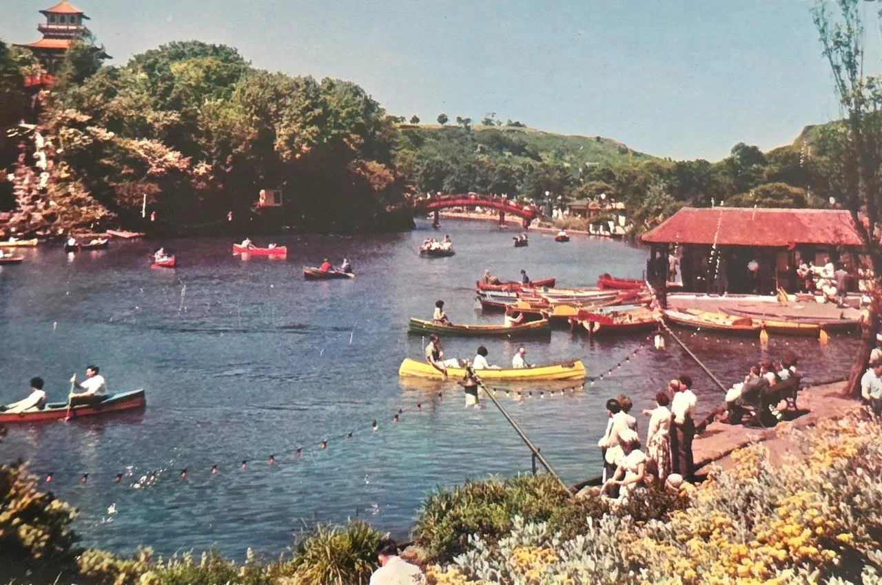 Peasholme Park, Scarborough, around the 1950s or 60s, with rowing boats on the lake and the pagoda folly in the background