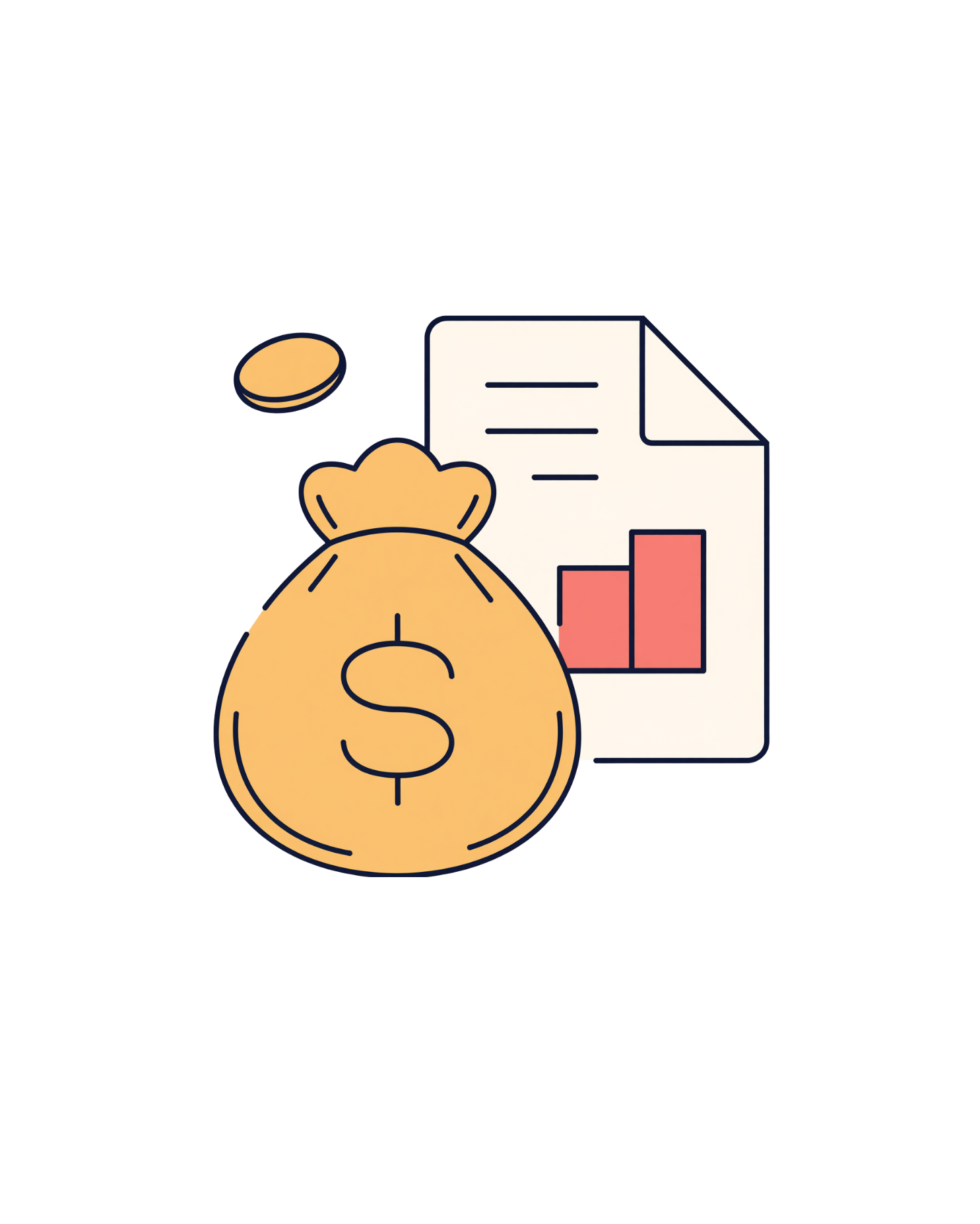 Illustration of a money bag with a dollar sign, a document with a bar graph, and coins, symbolizing financial earnings or savings.
